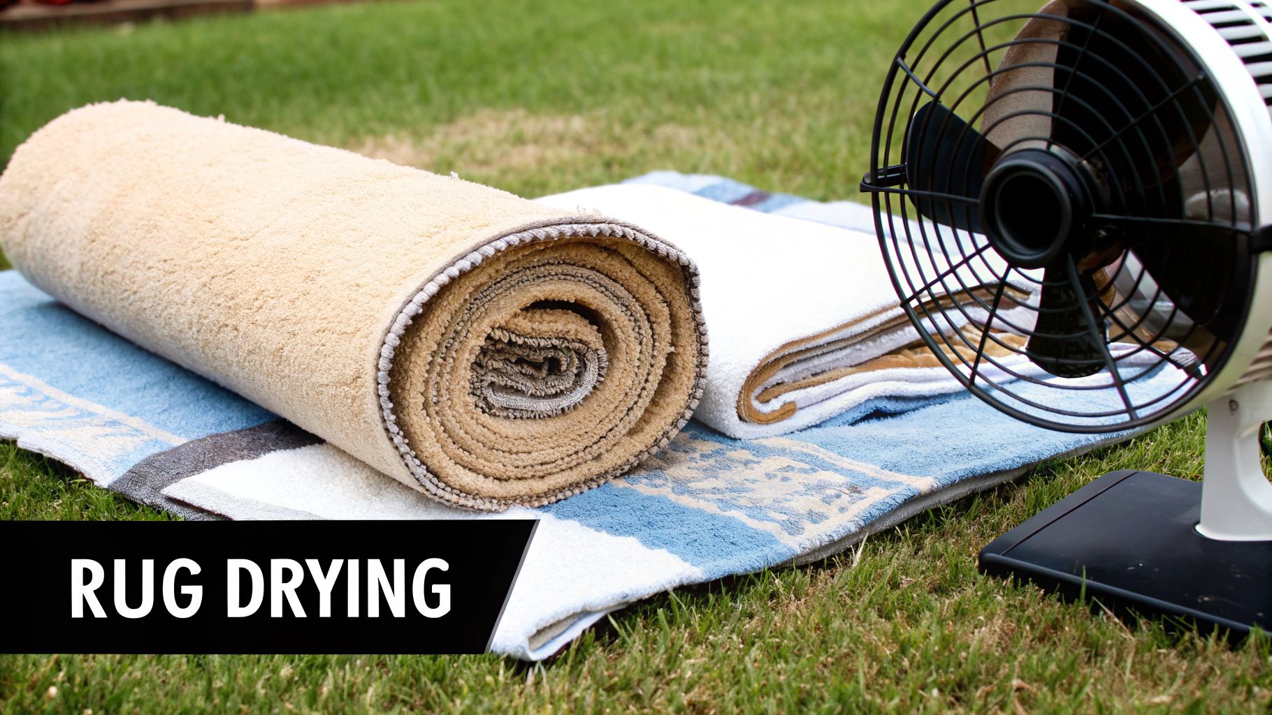 A person rolling a clean, damp rug tightly with a white towel to absorb excess moisture.
