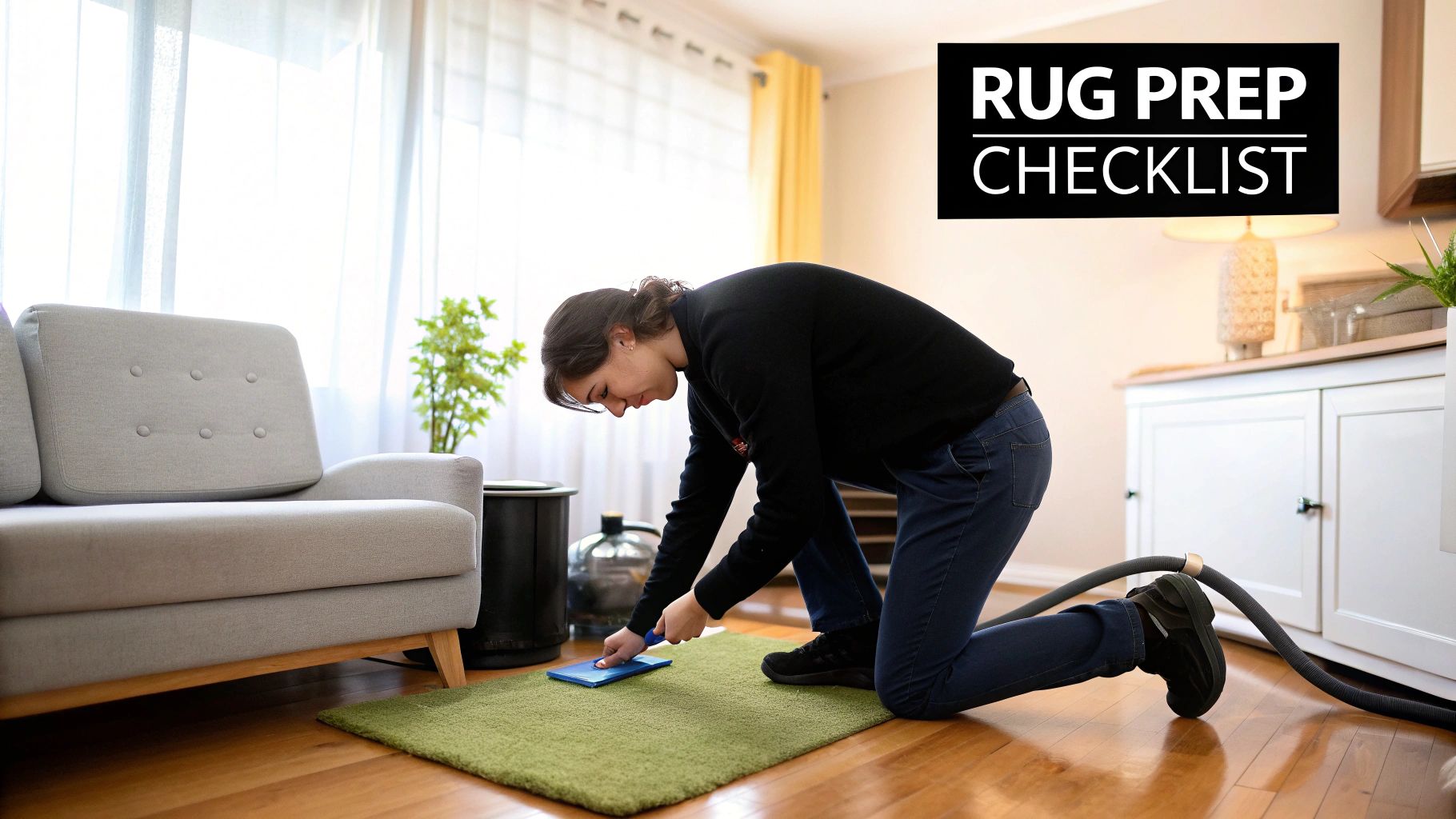 A person vacuuming a colorful area rug on a wooden floor, representing the first step in cleaning.