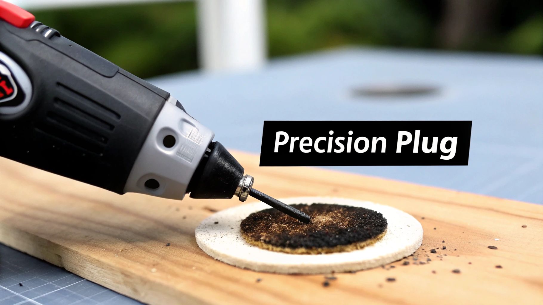 A precision rotary tool with a thin bit burns a dark circular pattern on a white disc on a wooden board.