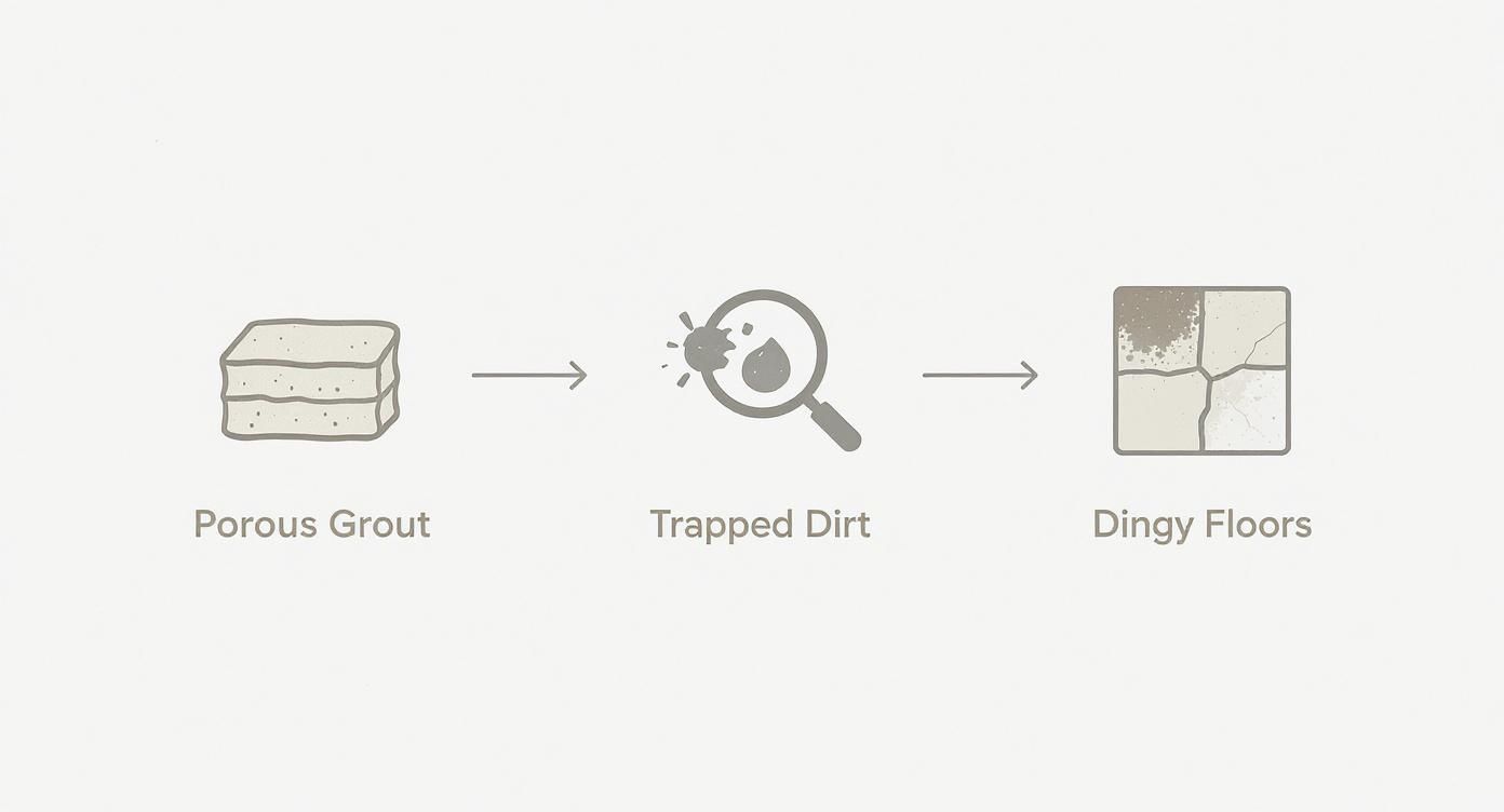 Diagram illustrating how porous grout leads to trapped dirt, resulting in dingy, dirty floors.