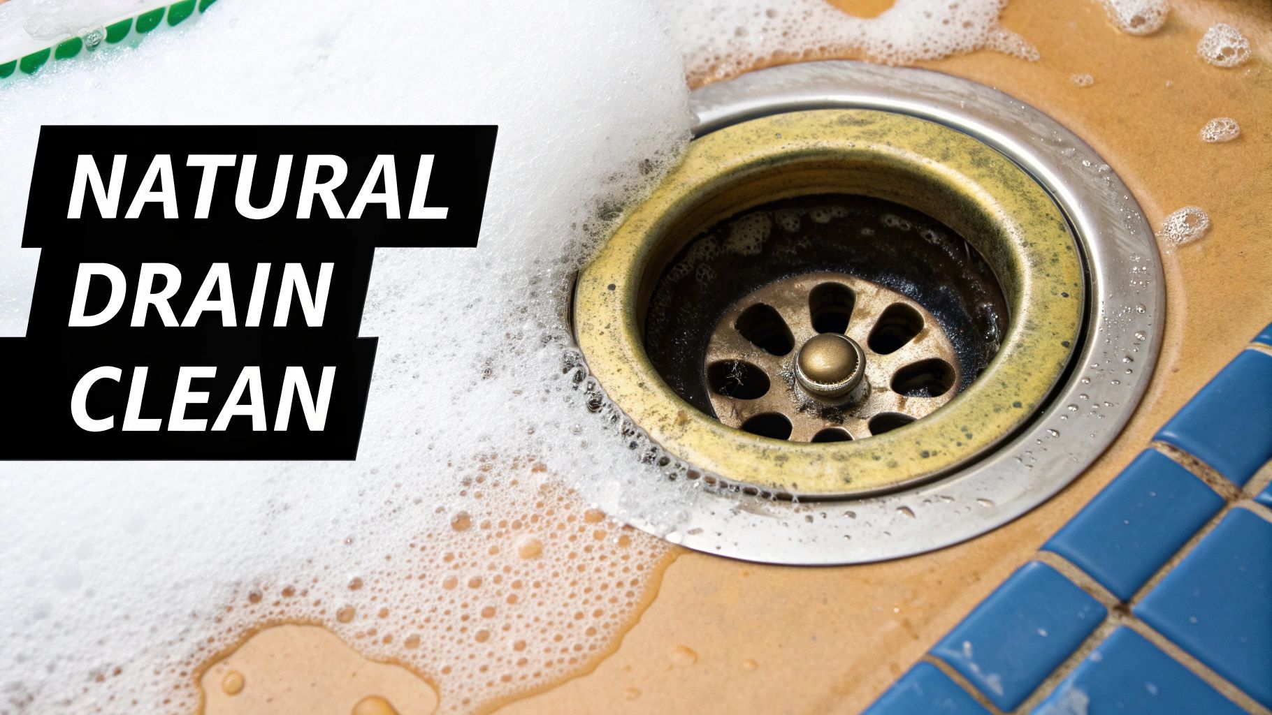 A kitchen sink drain with baking soda and vinegar being poured in