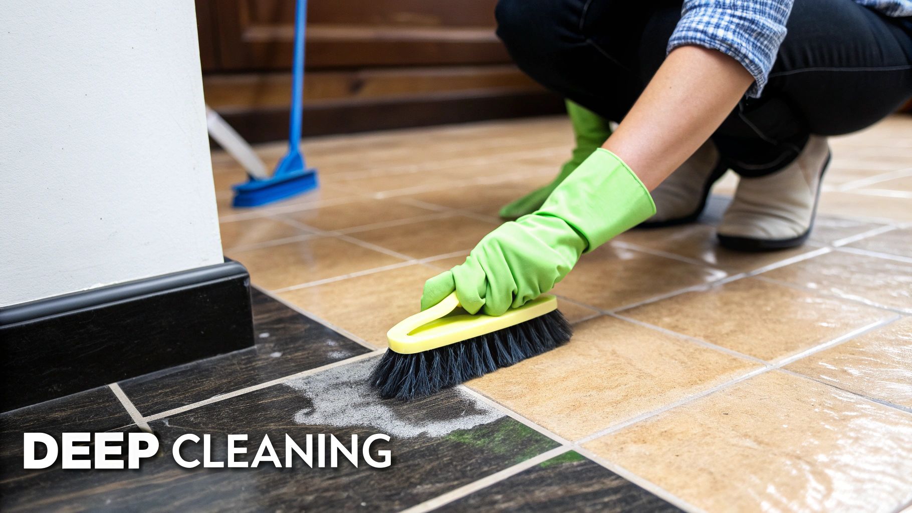 A freshly cleaned terrazzo floor reflecting light, showing its natural shine.