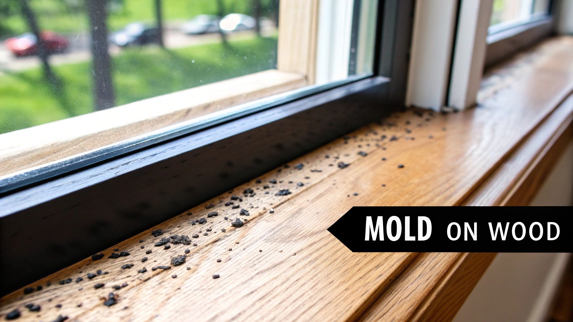 A close-up of black mold growing on a wooden surface in a home.