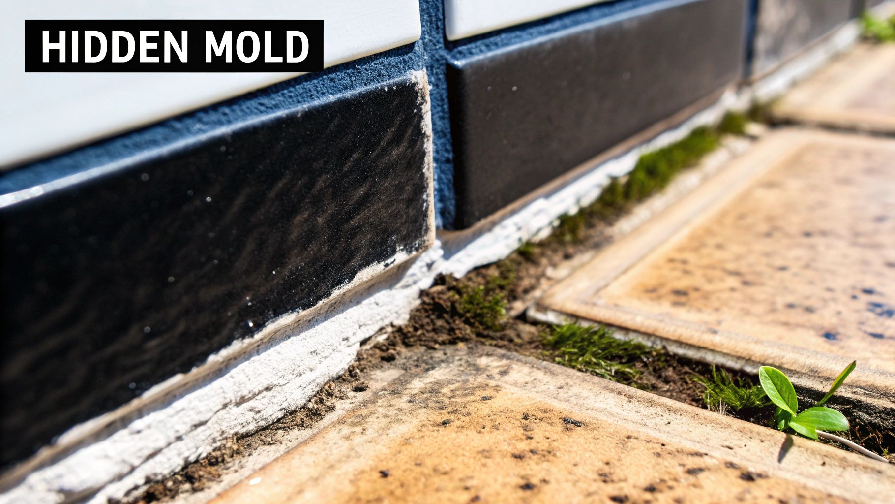 A close-up of dirty, cracked grout between bathroom tiles.
