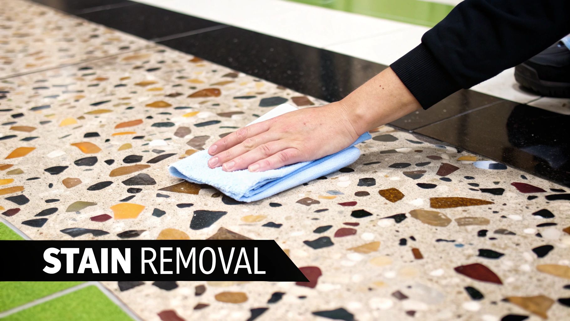 A close-up of a person wiping a spill off a terrazzo floor with a soft cloth.