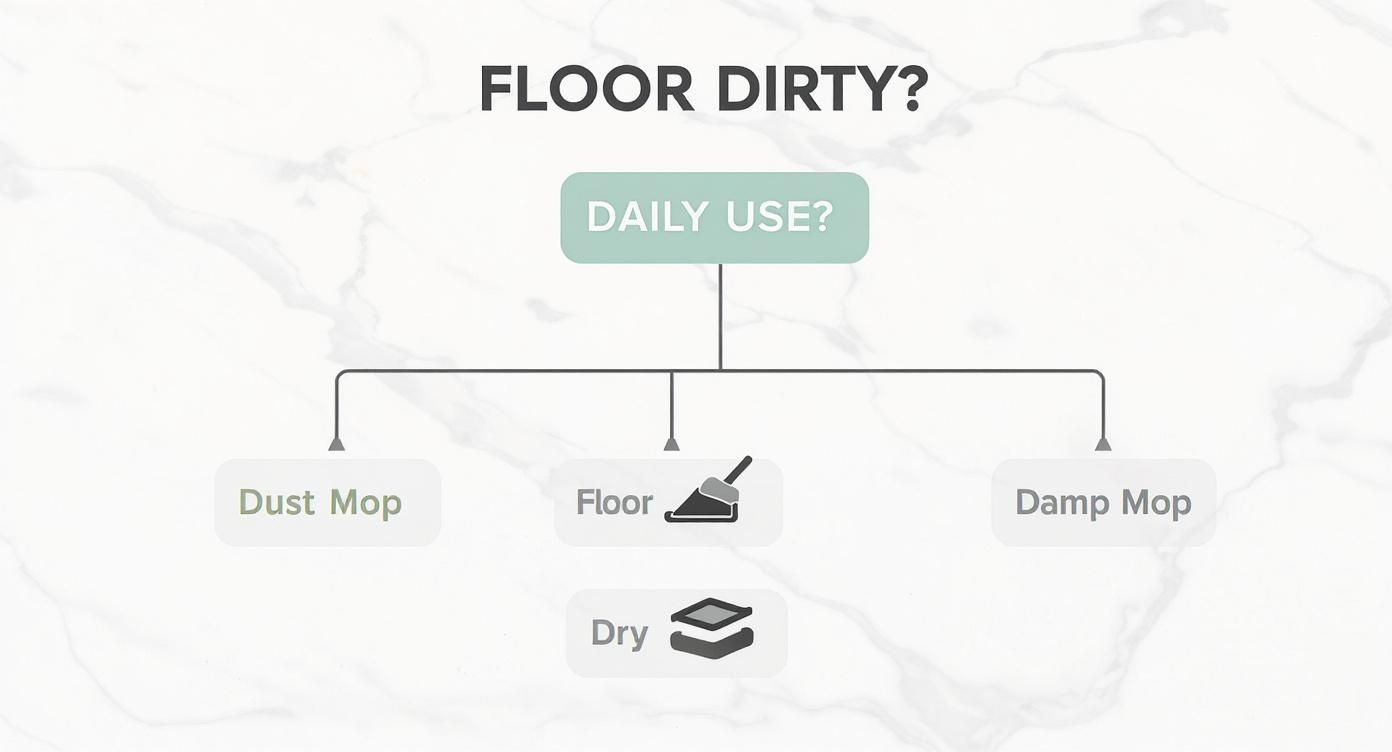 Infographic decision tree for routine marble floor cleaning, showing daily and weekly care paths.