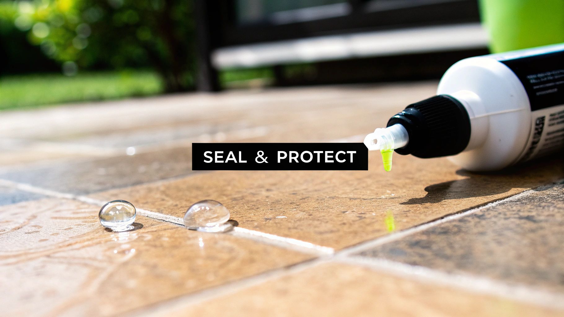 A professional applying sealer to a shiny natural stone floor.