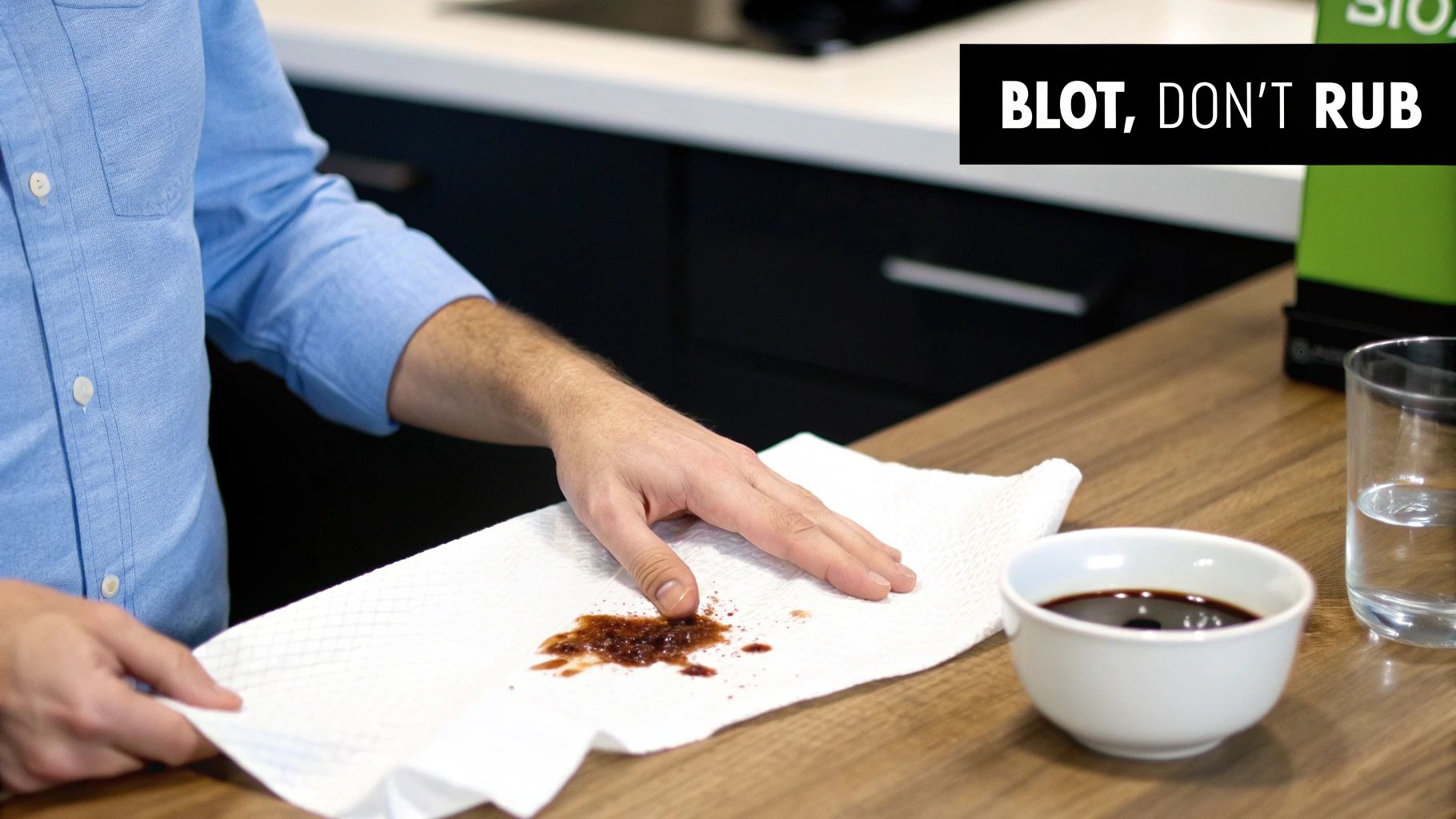 A person carefully blotting a coffee stain on a white t-shirt