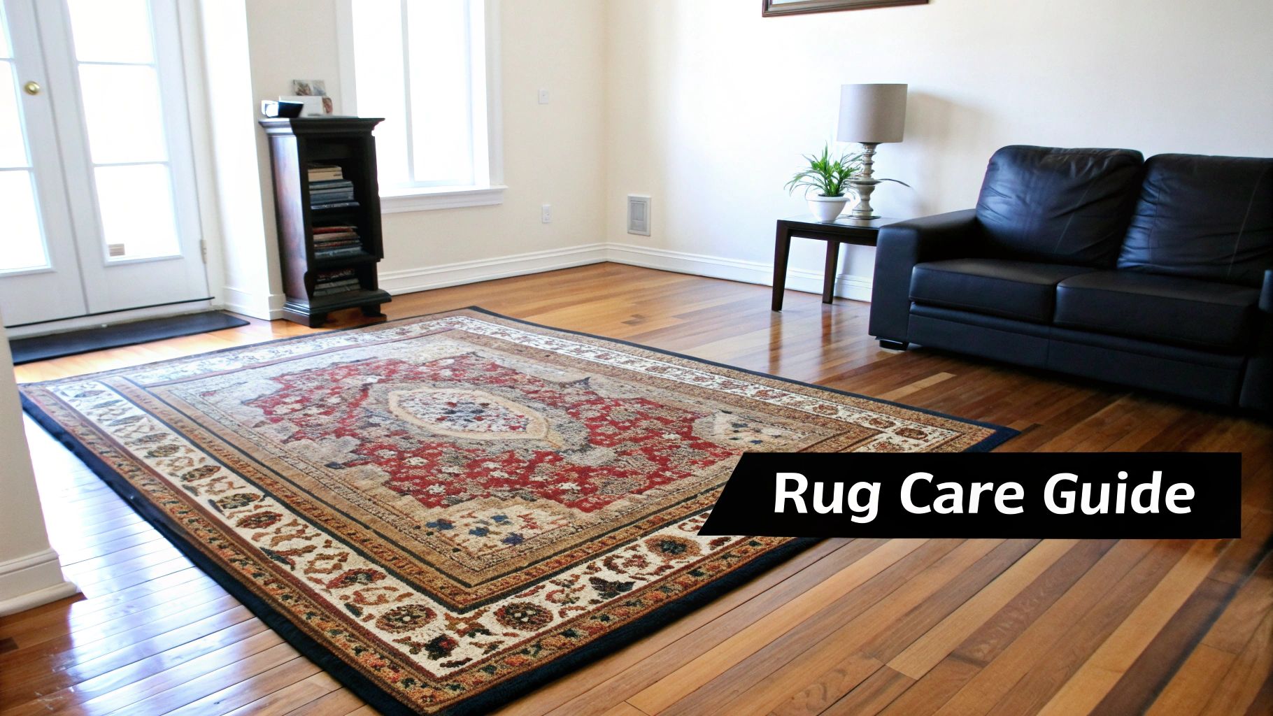A vibrant oriental rug on a hardwood floor in a bright living room, with a black sofa and "Rug Care Guide" text.