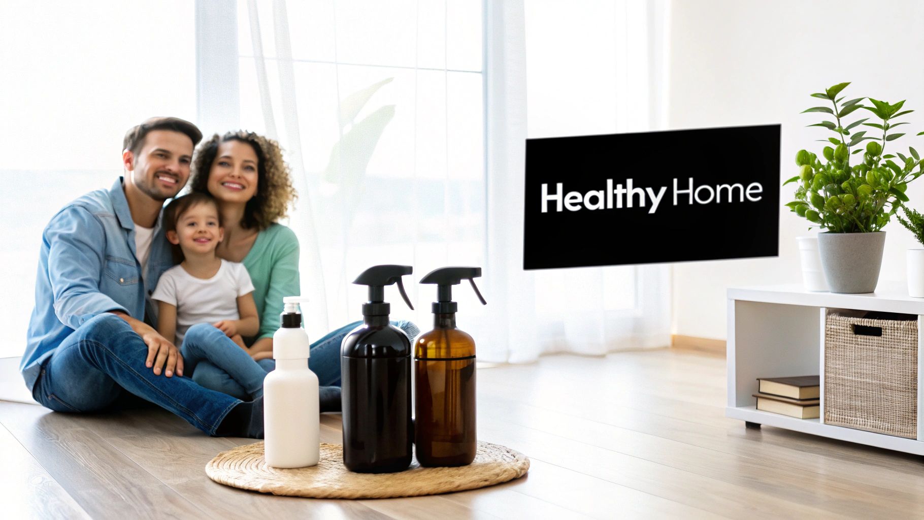 Happy family sitting in clean living room with eco friendly cleaning products displayed
