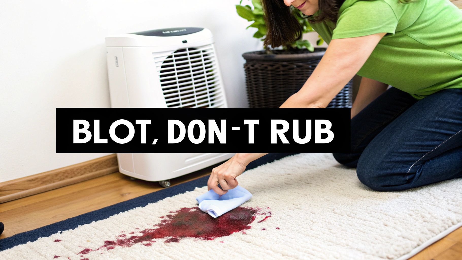 A person kneels, carefully blotting a red stain on a white rug with a blue cloth. Text: BLOT, DON'T RUB.