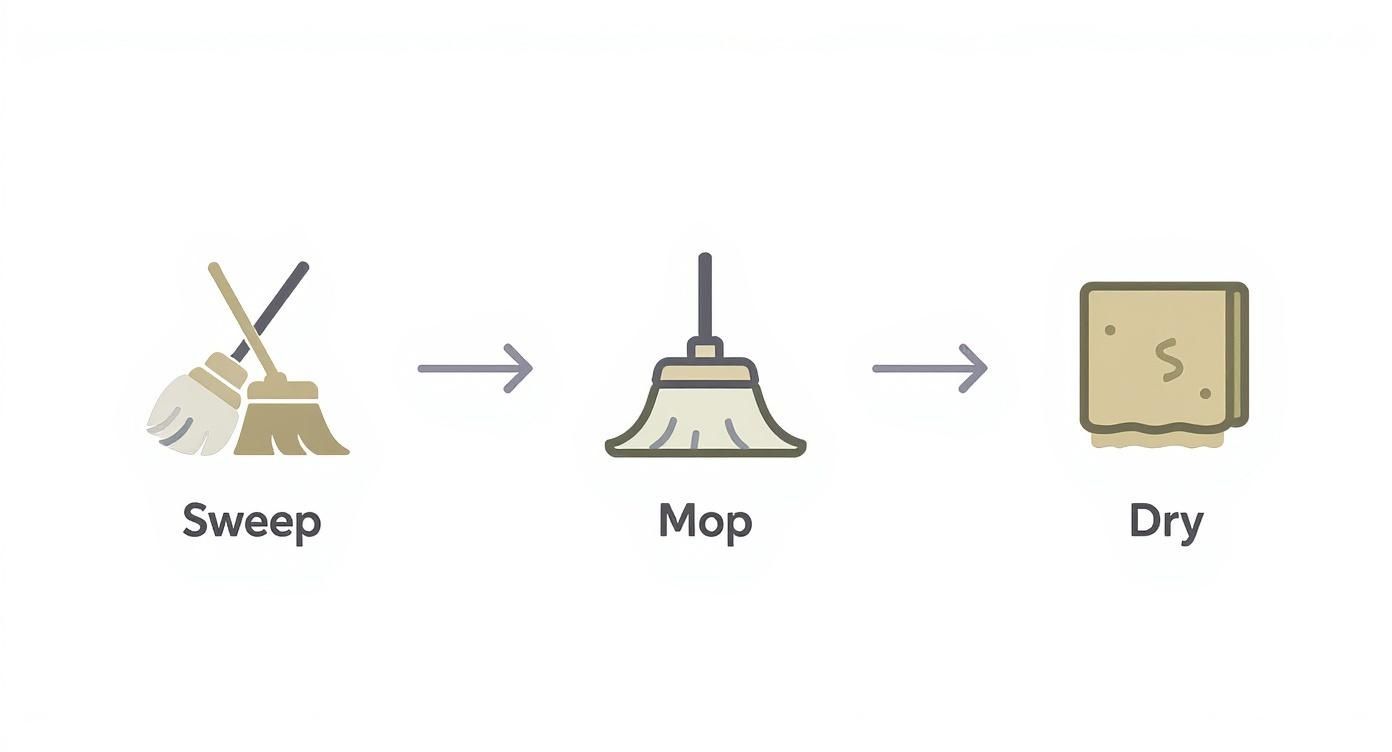 Infographic showing a three-step process for cleaning limestone floors with icons for sweeping, mopping, and drying.