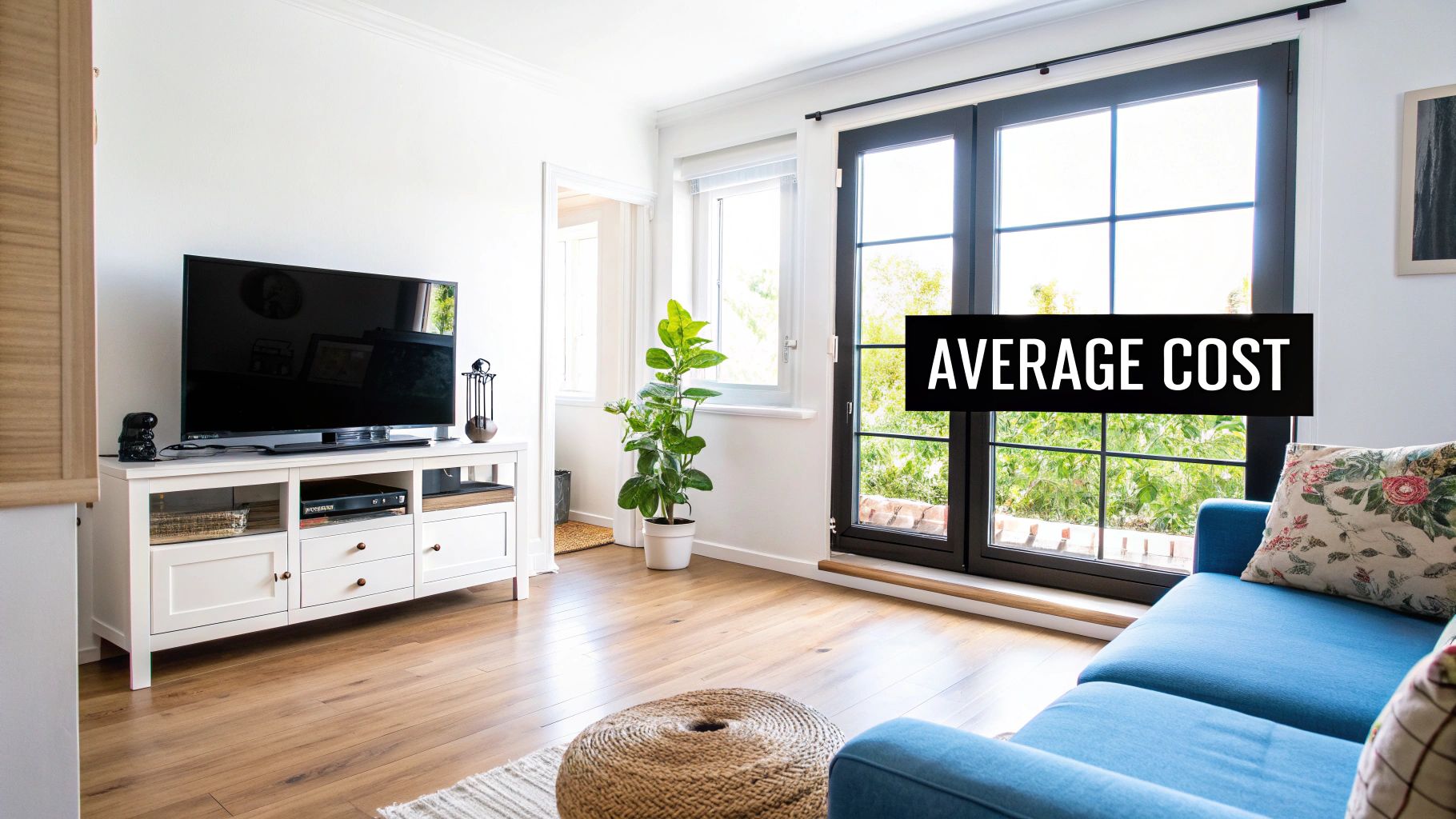 A clean, modern kitchen with white cabinets and a blue island, representing the result of a professional house cleaning service.