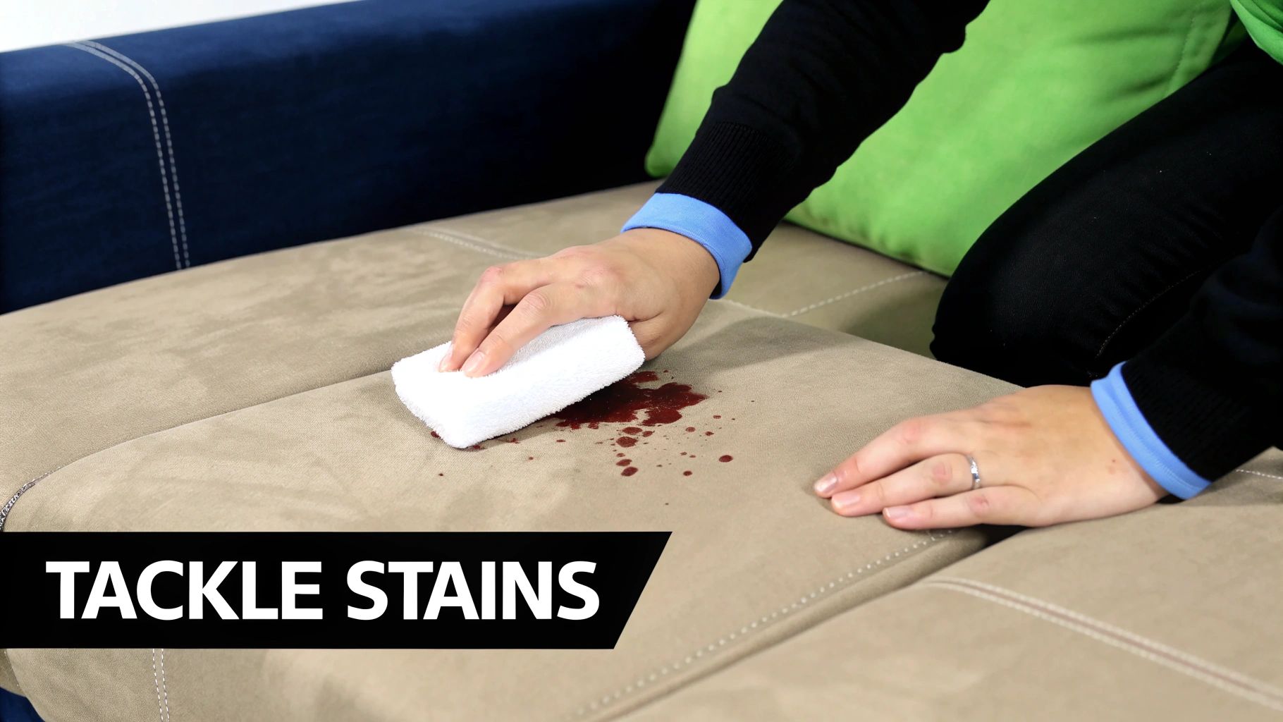 A close-up of a person's hand using a white cloth to gently blot a stain on a microfiber couch cushion.
