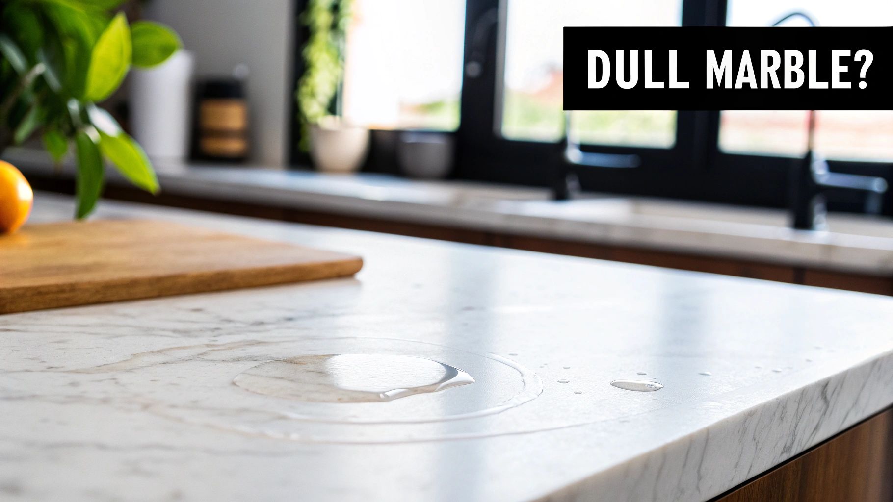 A close-up of a beautifully polished marble countertop reflecting light, showing its pristine shine and clean surface.