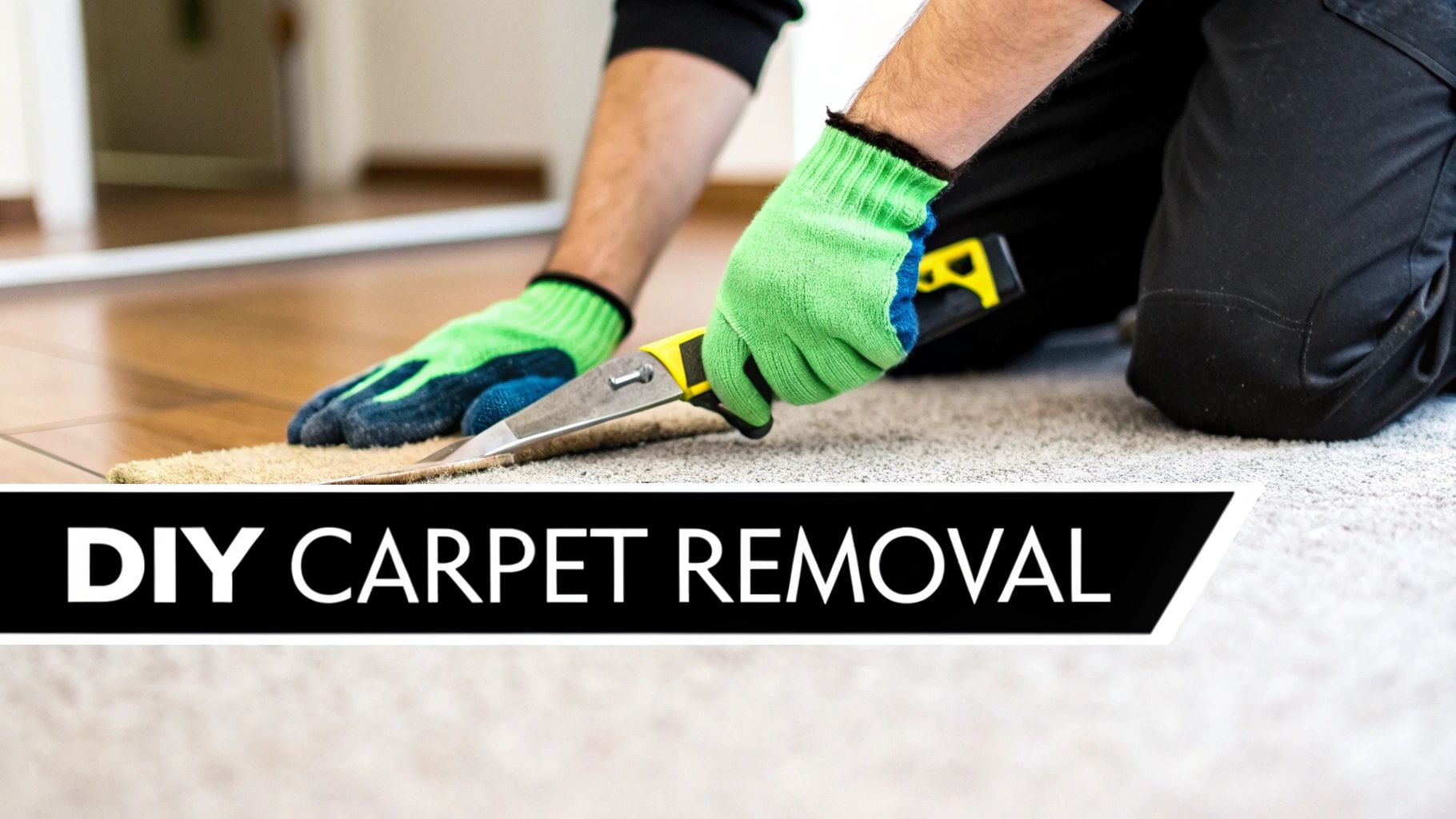 A person using a utility knife to cut through old carpet during a DIY removal project.