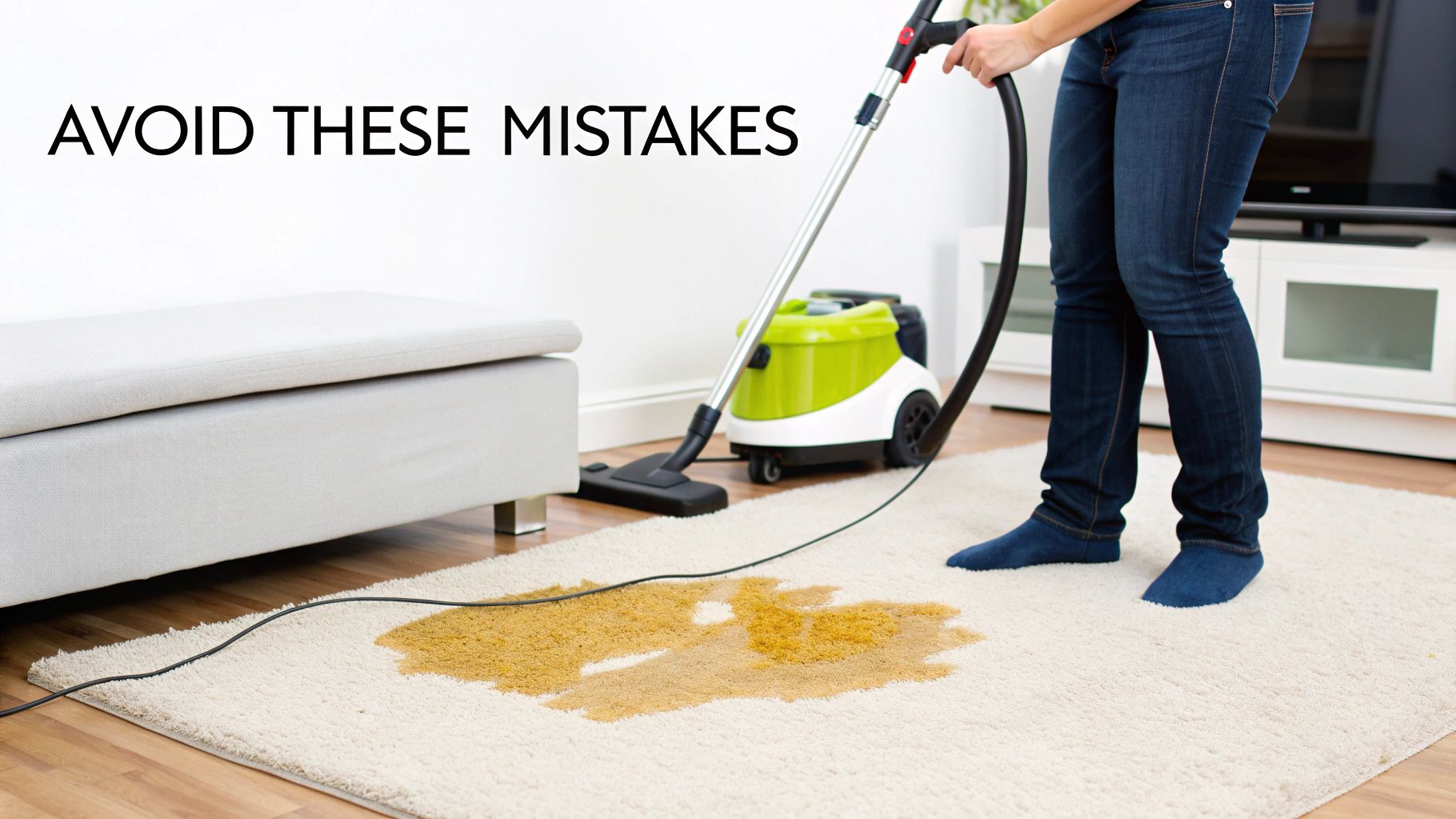 A red 'X' mark is superimposed over a steam cleaner being used on a carpet, symbolizing a cleaning mistake.