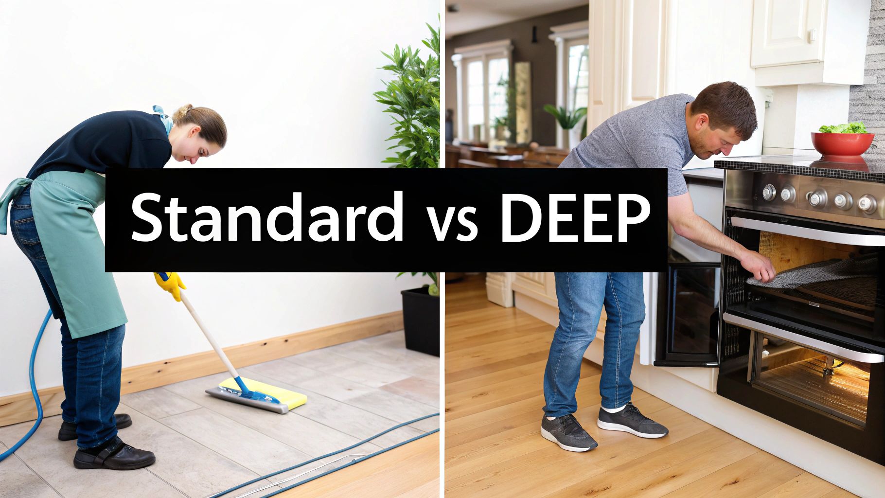 A person happily cleaning a modern kitchen counter