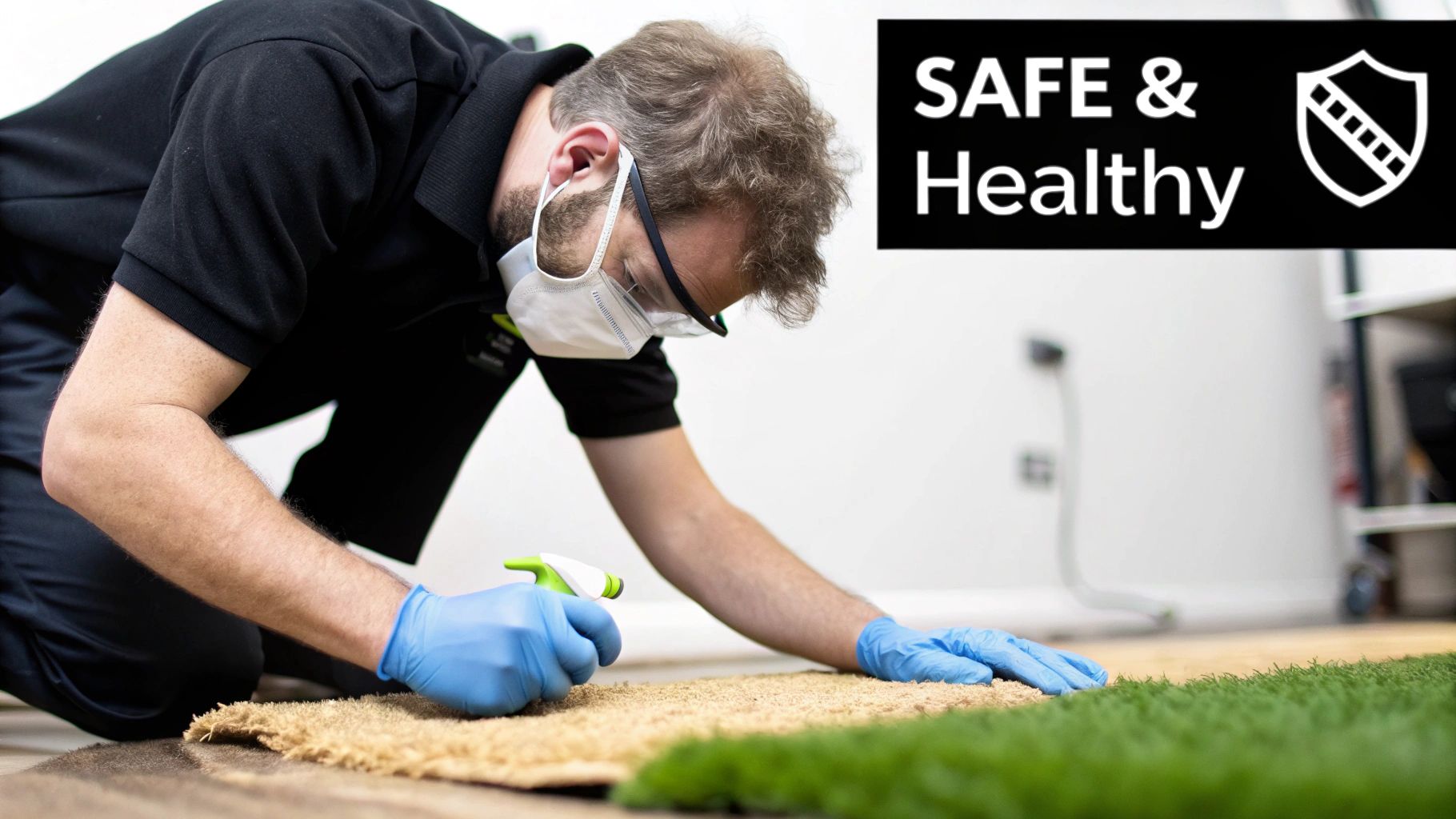 A happy family with a young child playing on a clean carpet in a bright, airy living room.