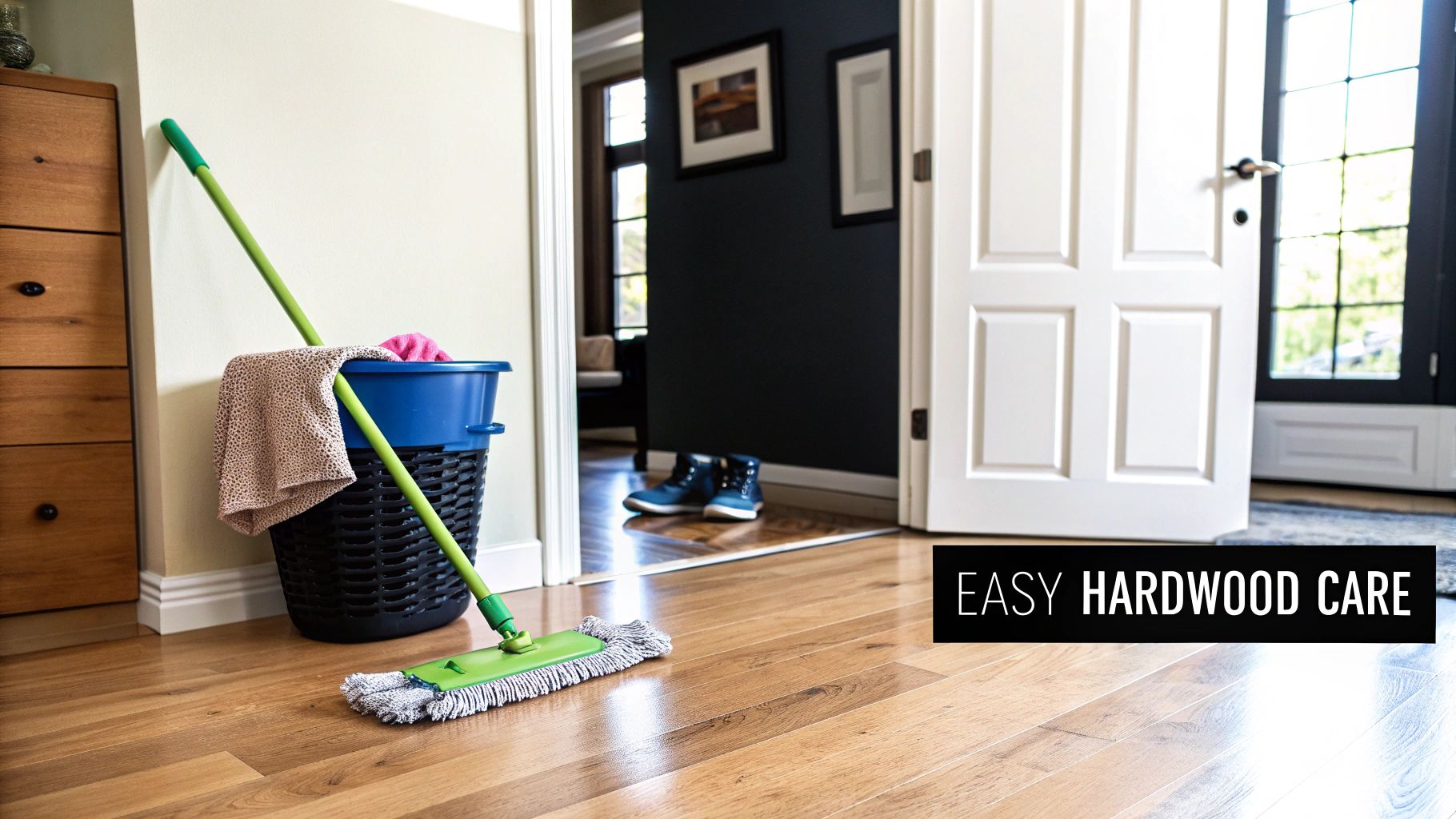 A person mopping a clean hardwood floor in a well-lit living room.