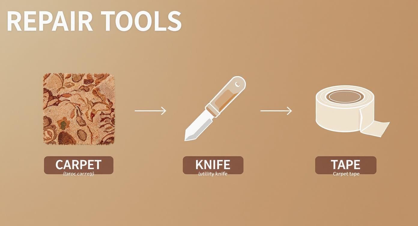 A diagram showing three repair tools: a carpet sample, a utility knife, and a roll of carpet tape.