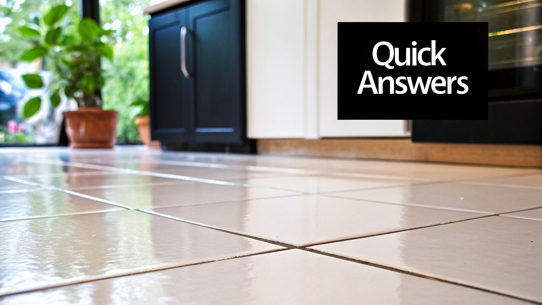 A freshly cleaned tile floor with sparkling white grout lines.
