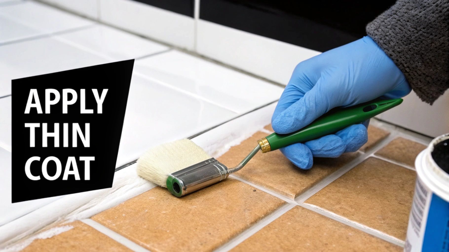 A person using a small brush to carefully apply sealer to clean grout lines on a tiled floor.