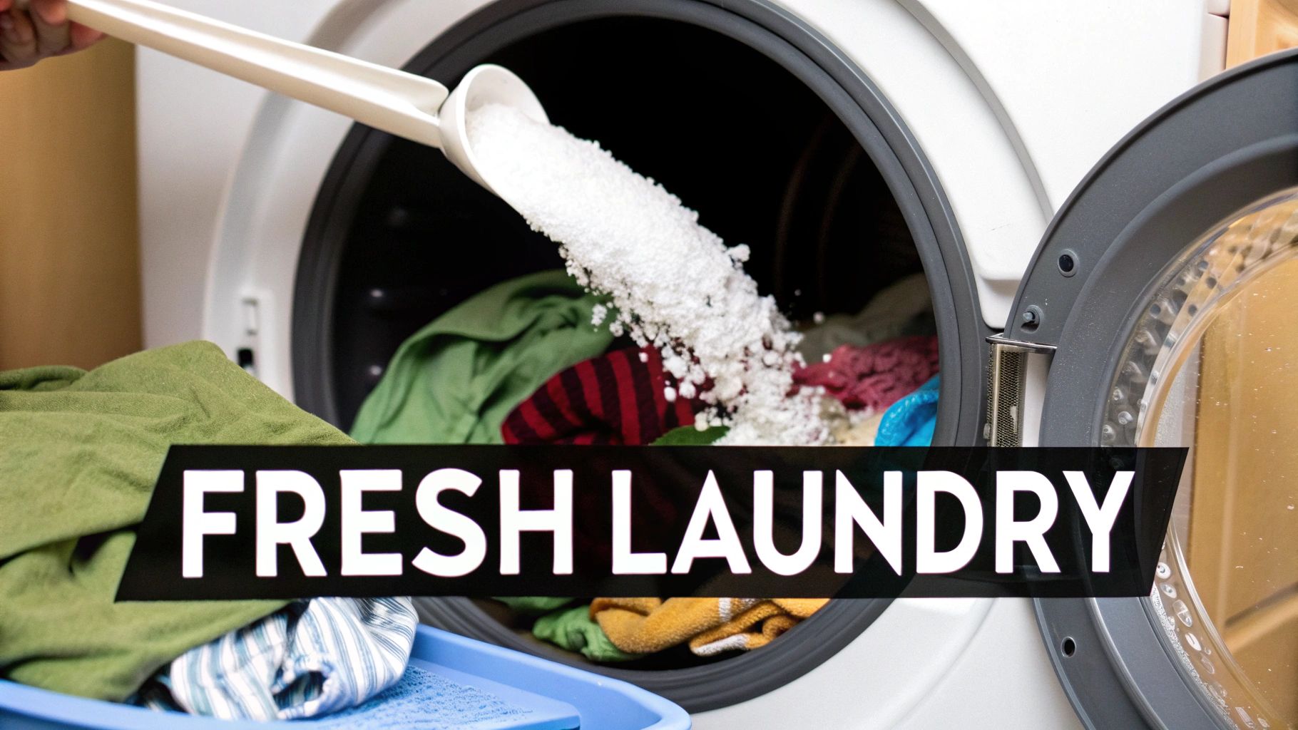 A person adding baking soda to a washing machine full of white laundry.
