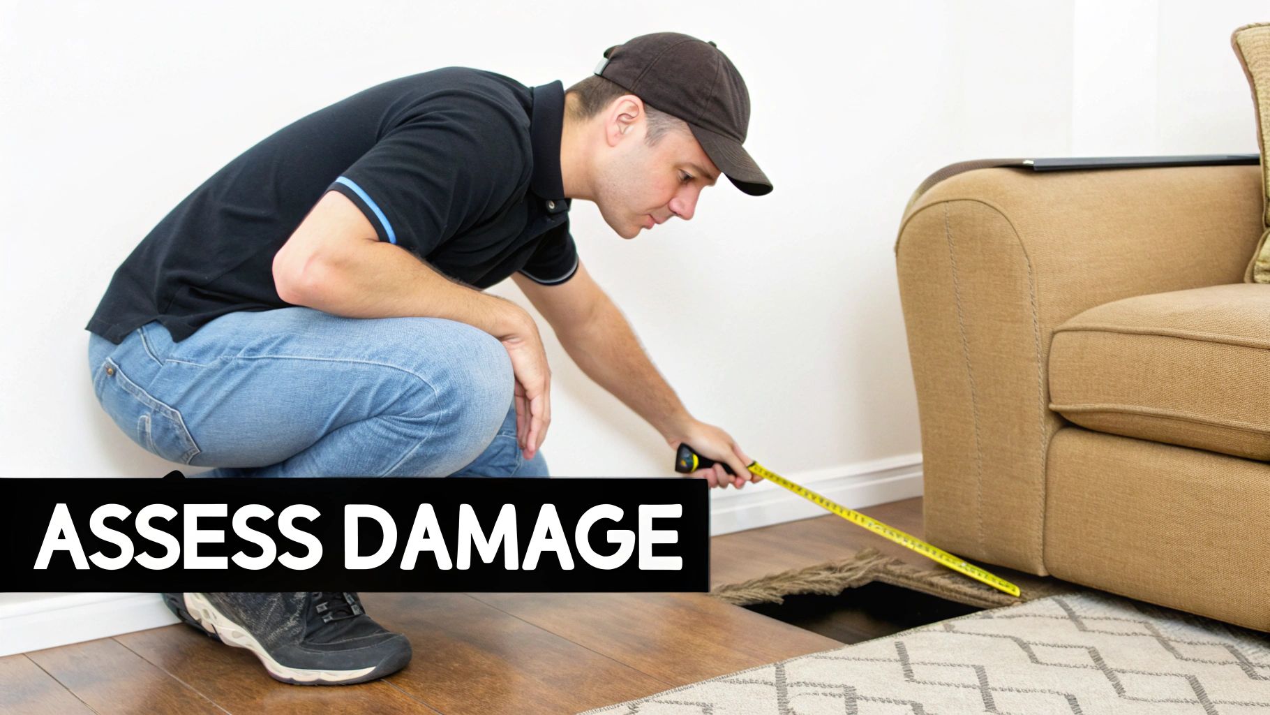 A close-up view of a person's hands carefully repairing a hole in a beige carpet.