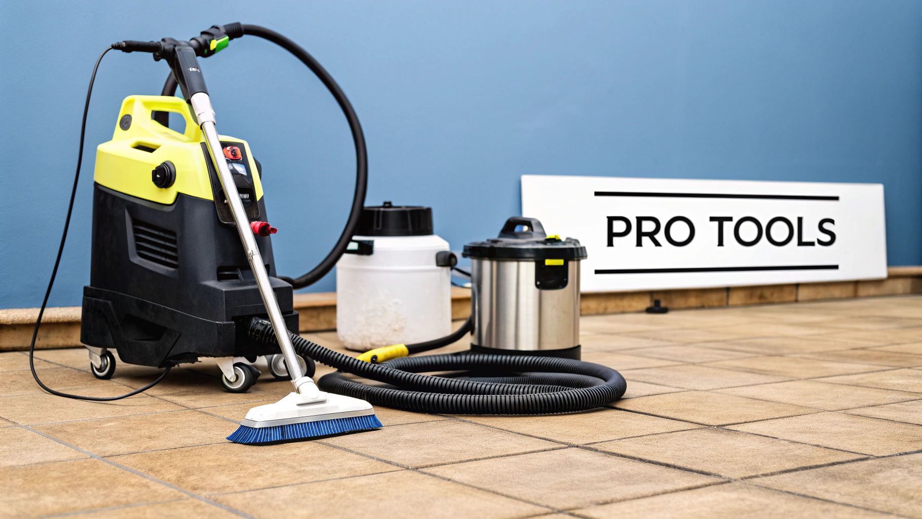 A professional using a high-pressure steam cleaner on a tile floor.