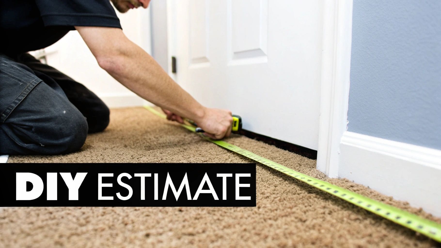 A person using a measuring tape on a carpeted floor.