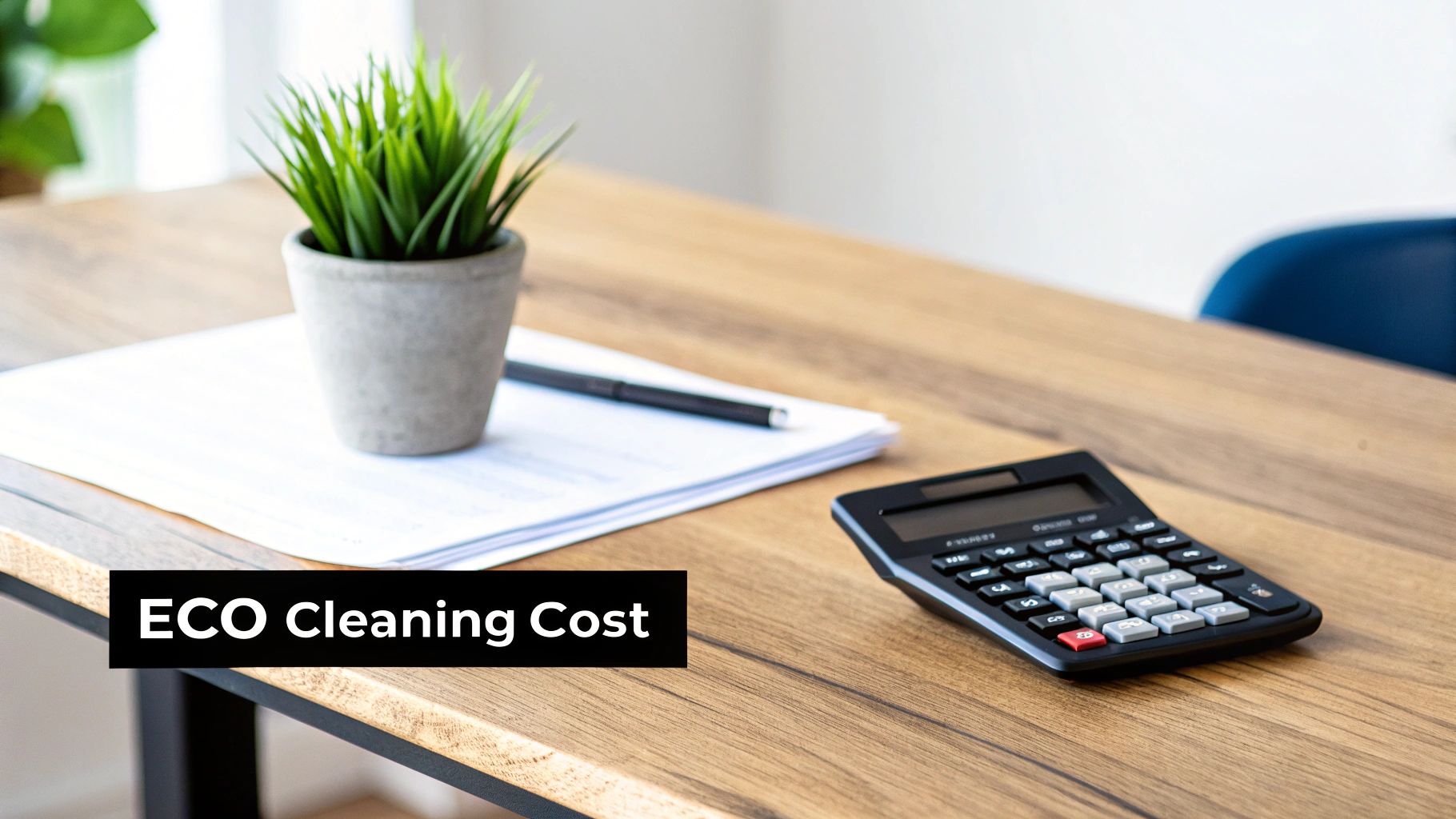Calculator and notepad on wooden desk for calculating eco-friendly cleaning service costs