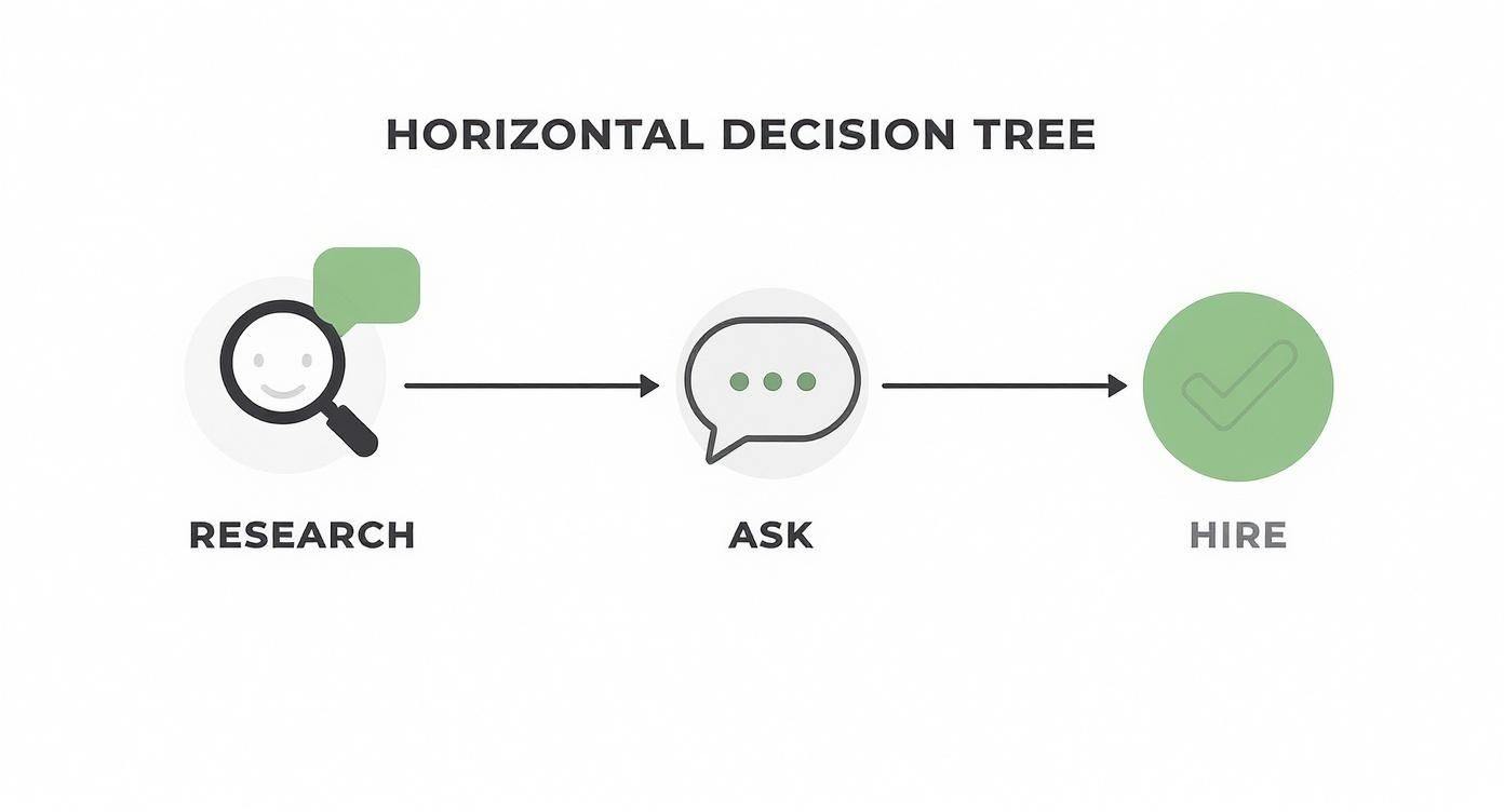 Horizontal decision tree flowchart showing three stages: research, ask, and hire with arrows connecting them