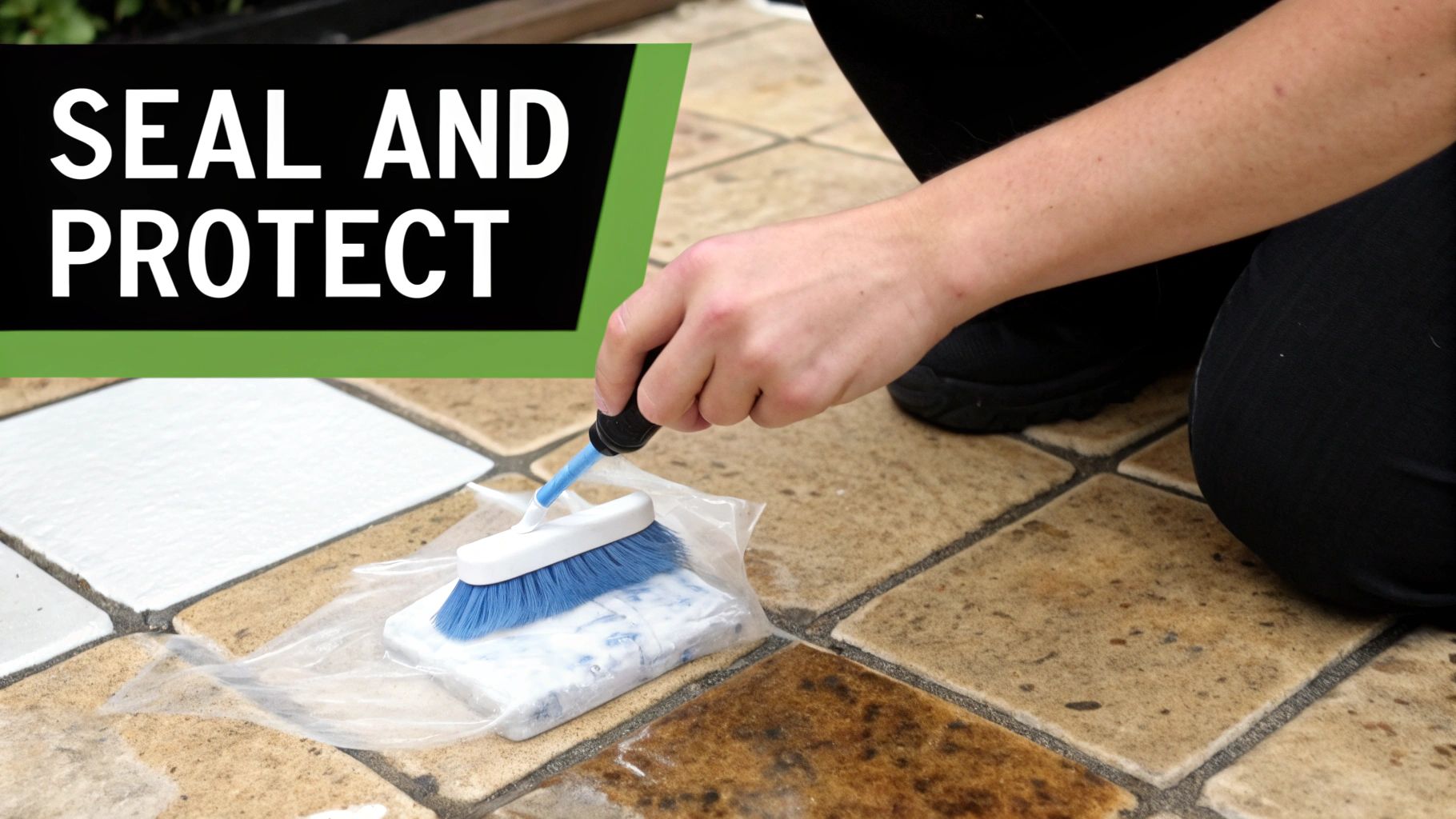 A person applying sealant to outdoor patio tiles with a blue brush, with 'SEAL AND PROTECT' text.
