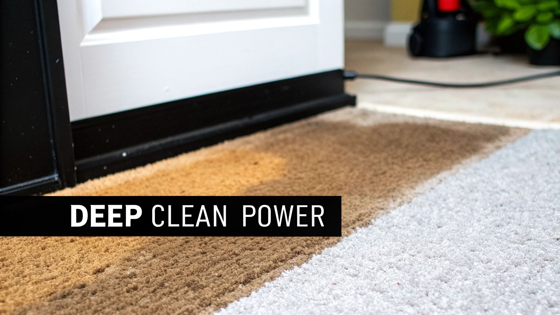 A busy mom sits on a freshly cleaned carpet, playing with her child, with a clean and organized living room in the background.