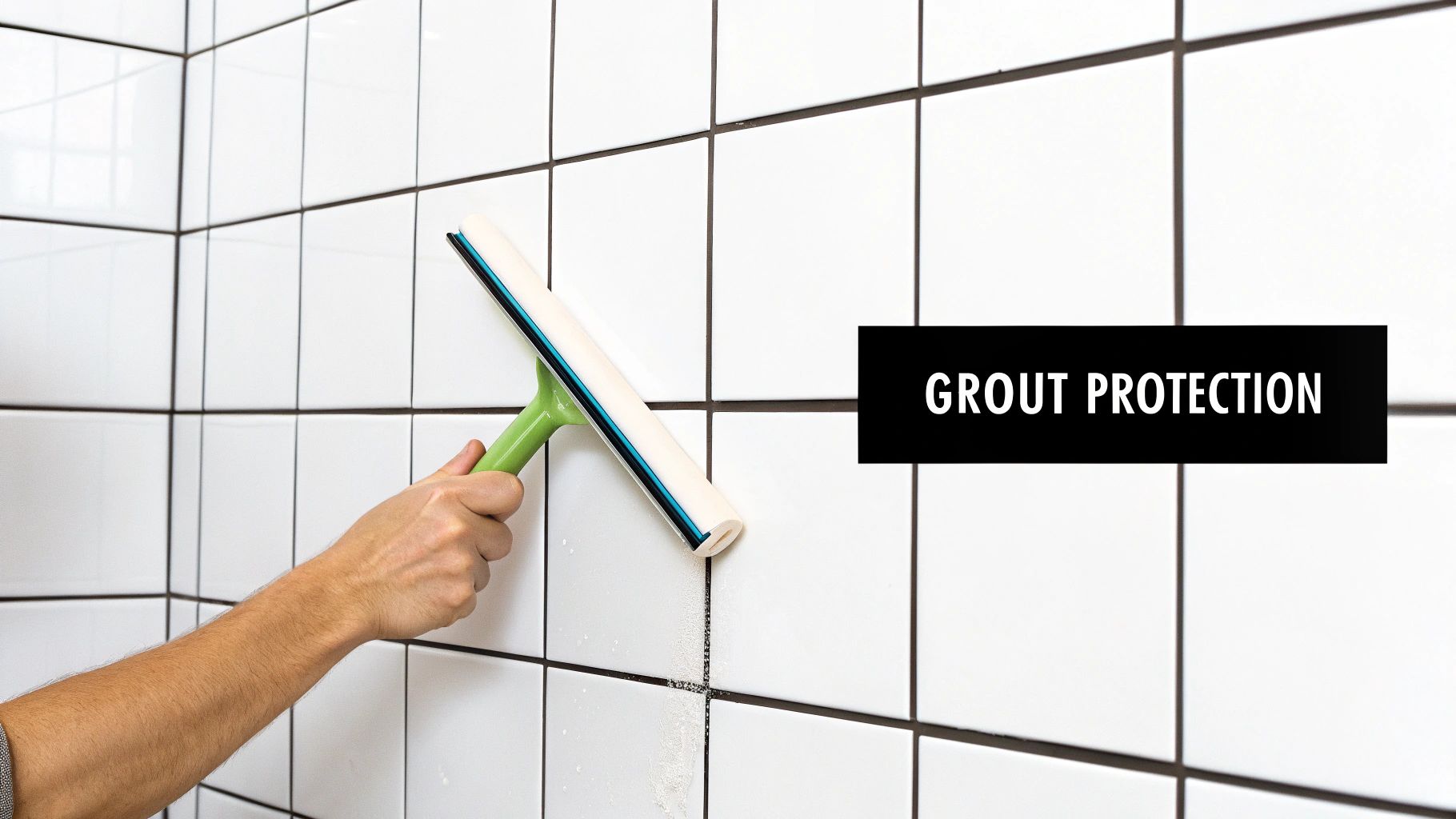 A person sealing clean, white grout lines on a tiled floor with a small applicator bottle.