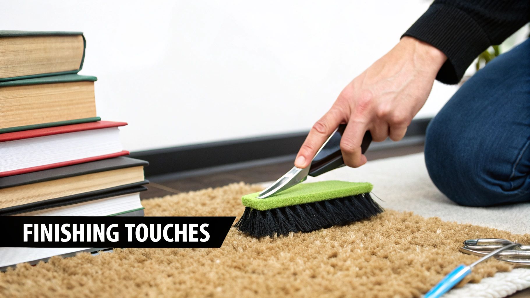 A person cleaning a shaggy brown carpet with a specialized brush, with a stack of books nearby.