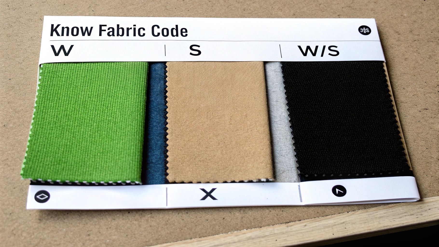A fabric swatch card displaying five different fabric samples in green, blue, beige, grey, and black with codes.