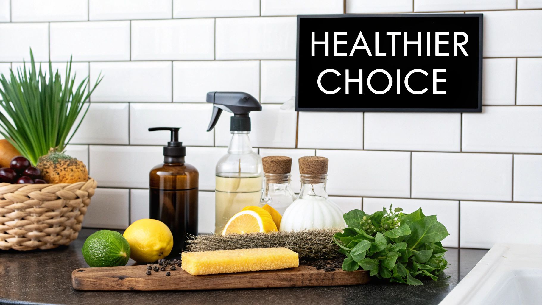 A person scrubbing white tile grout with a small brush and a natural cleaning solution.