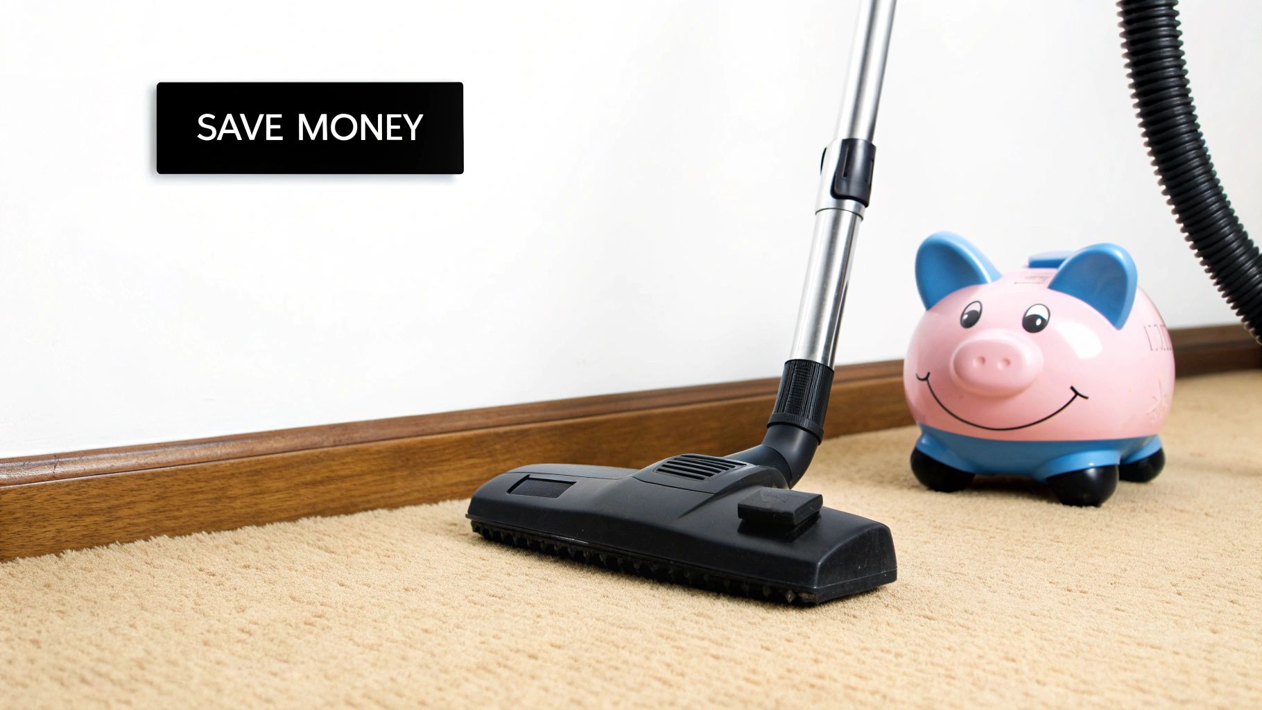 A person vacuuming a light-colored carpet in a modern living room.