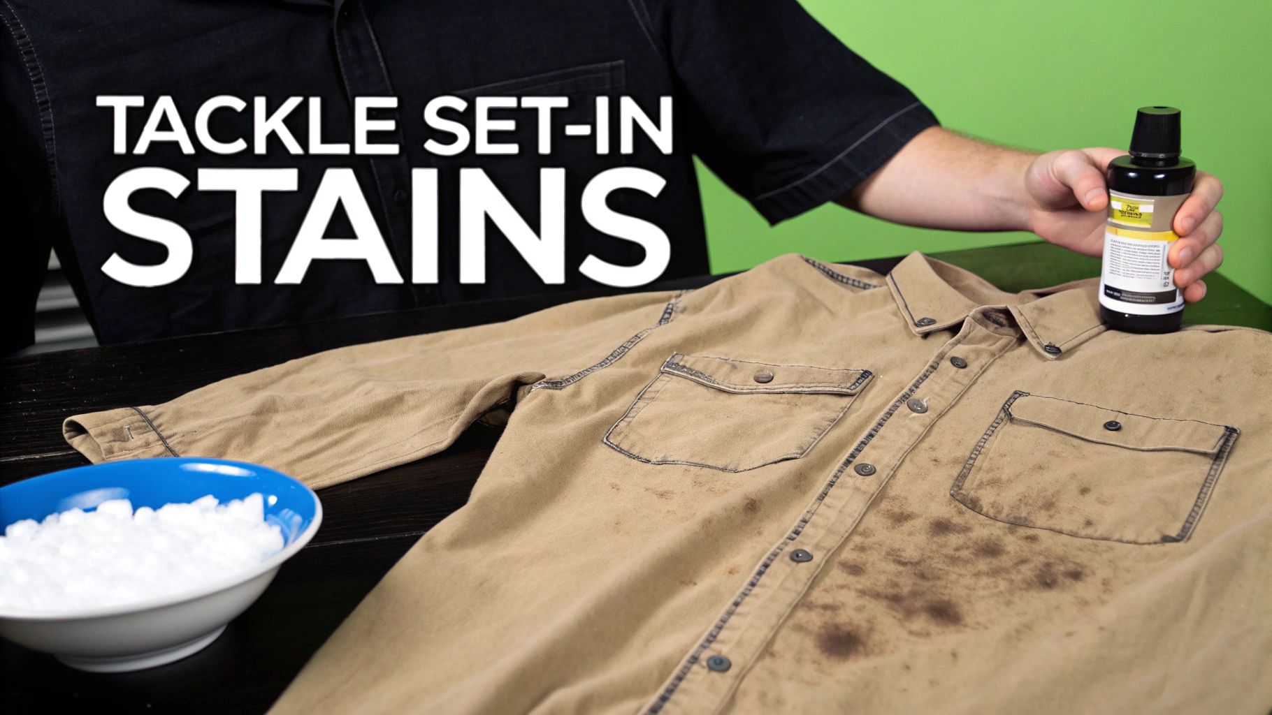 A person holds a stain remover bottle over a heavily stained tan shirt, with a bowl of ice nearby.