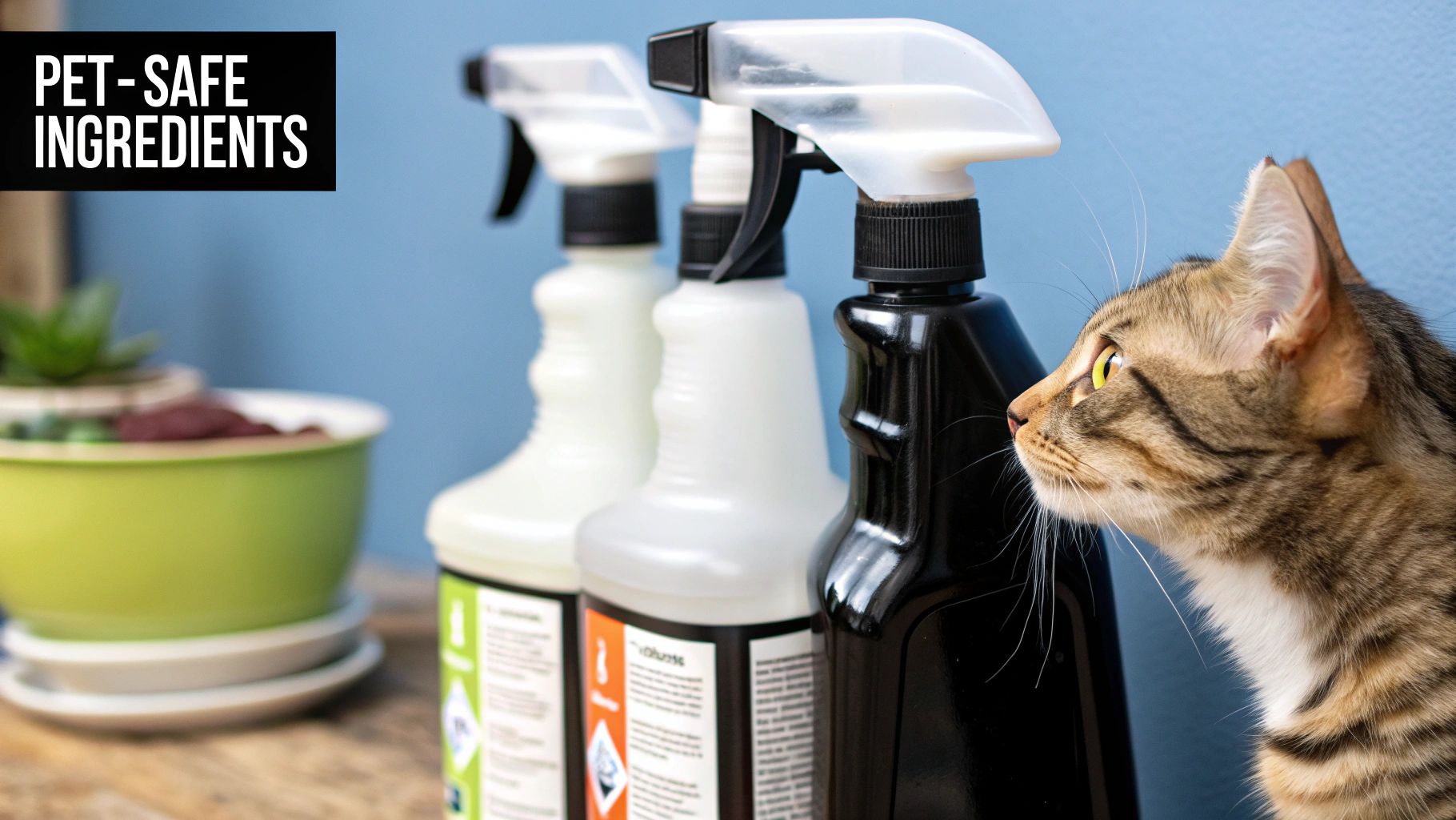 A person's hand holding a spray bottle, closely examining the label for pet-safe ingredients.