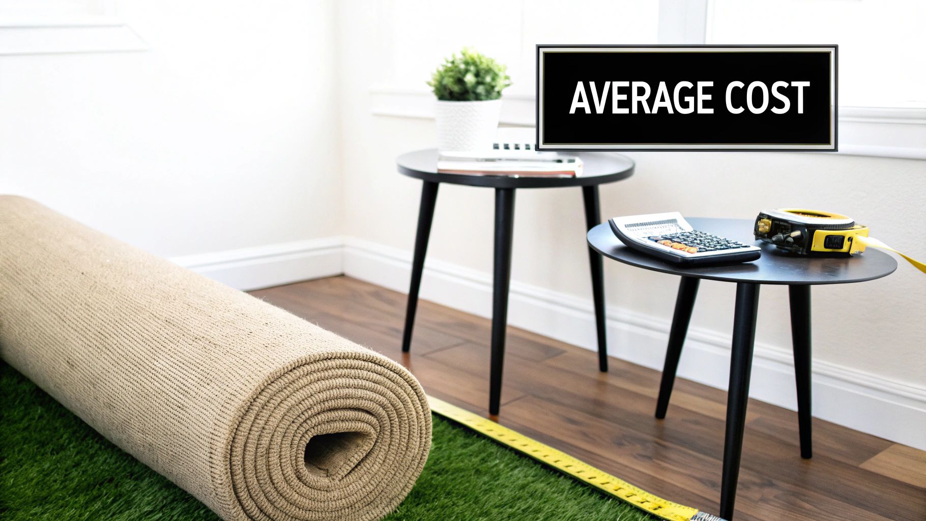 A professional removing old, rolled-up carpet from a living room floor.