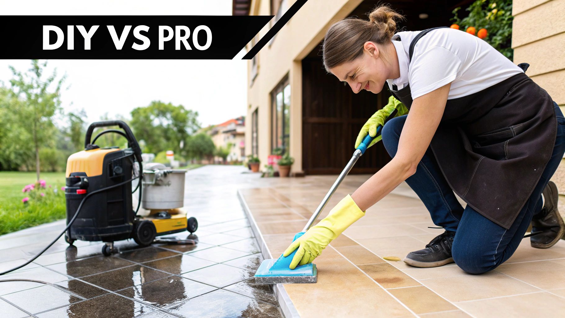 A professional cleaner using a steam machine to clean a tiled floor