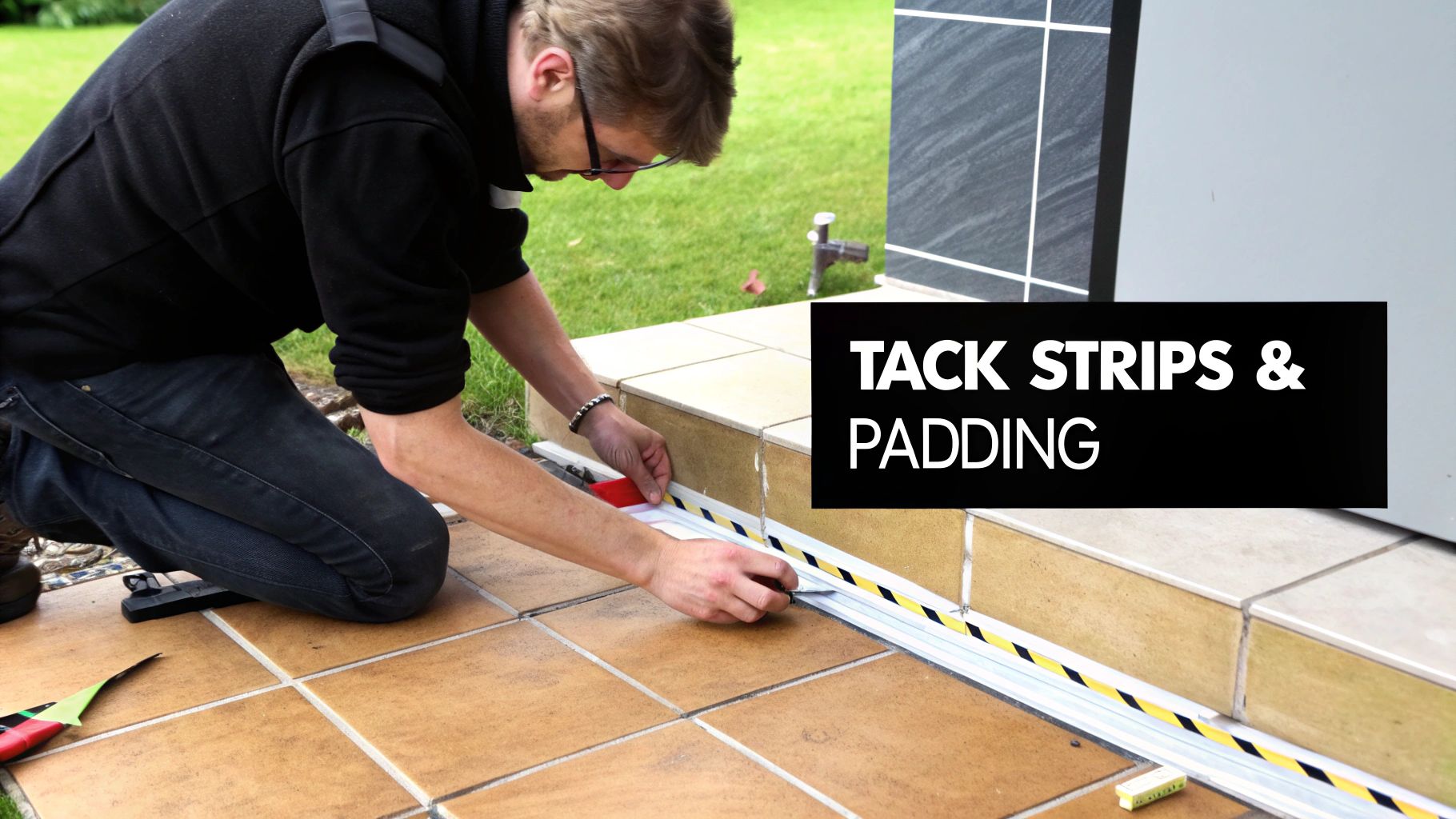 A close-up of tack strips being installed along the edge of a tile floor.