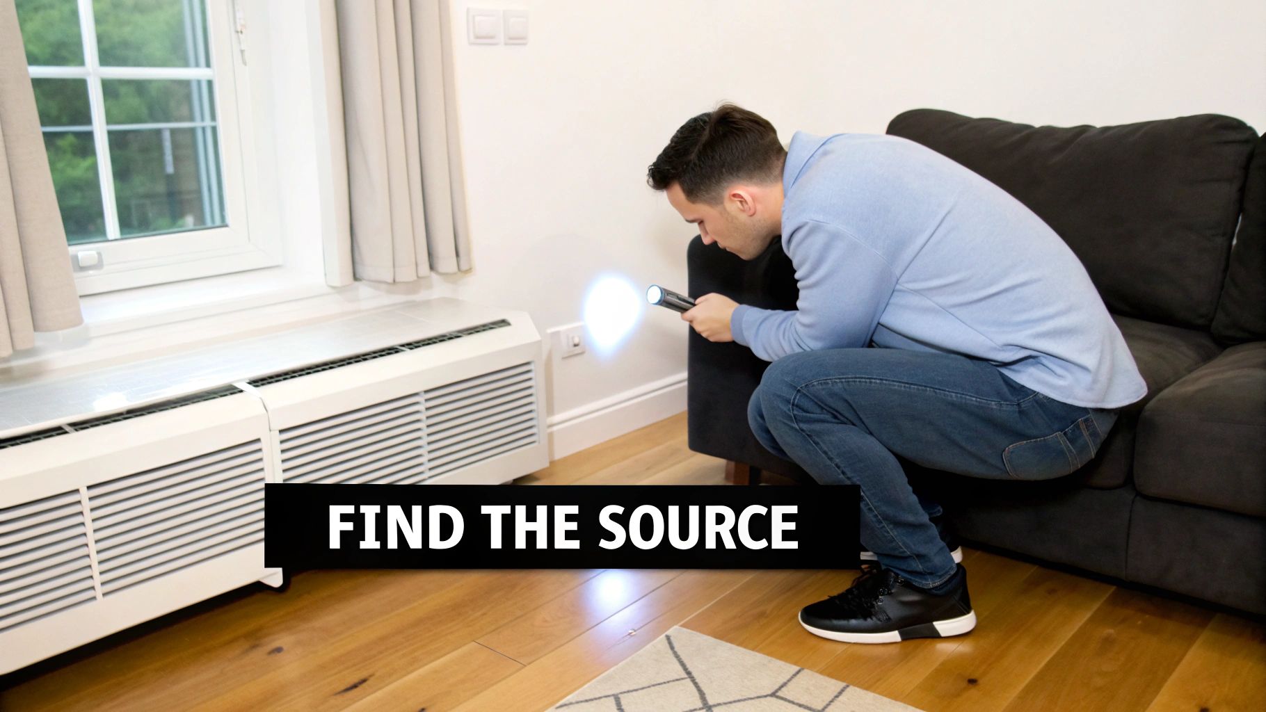 An assortment of common household items that can cause burnt smells, like a toaster with burnt toast, an electrical outlet, and a dusty furnace filter.