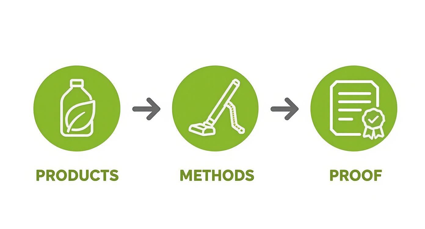 Three-step process diagram showing eco-friendly products, cleaning methods, and certification proof with green icons