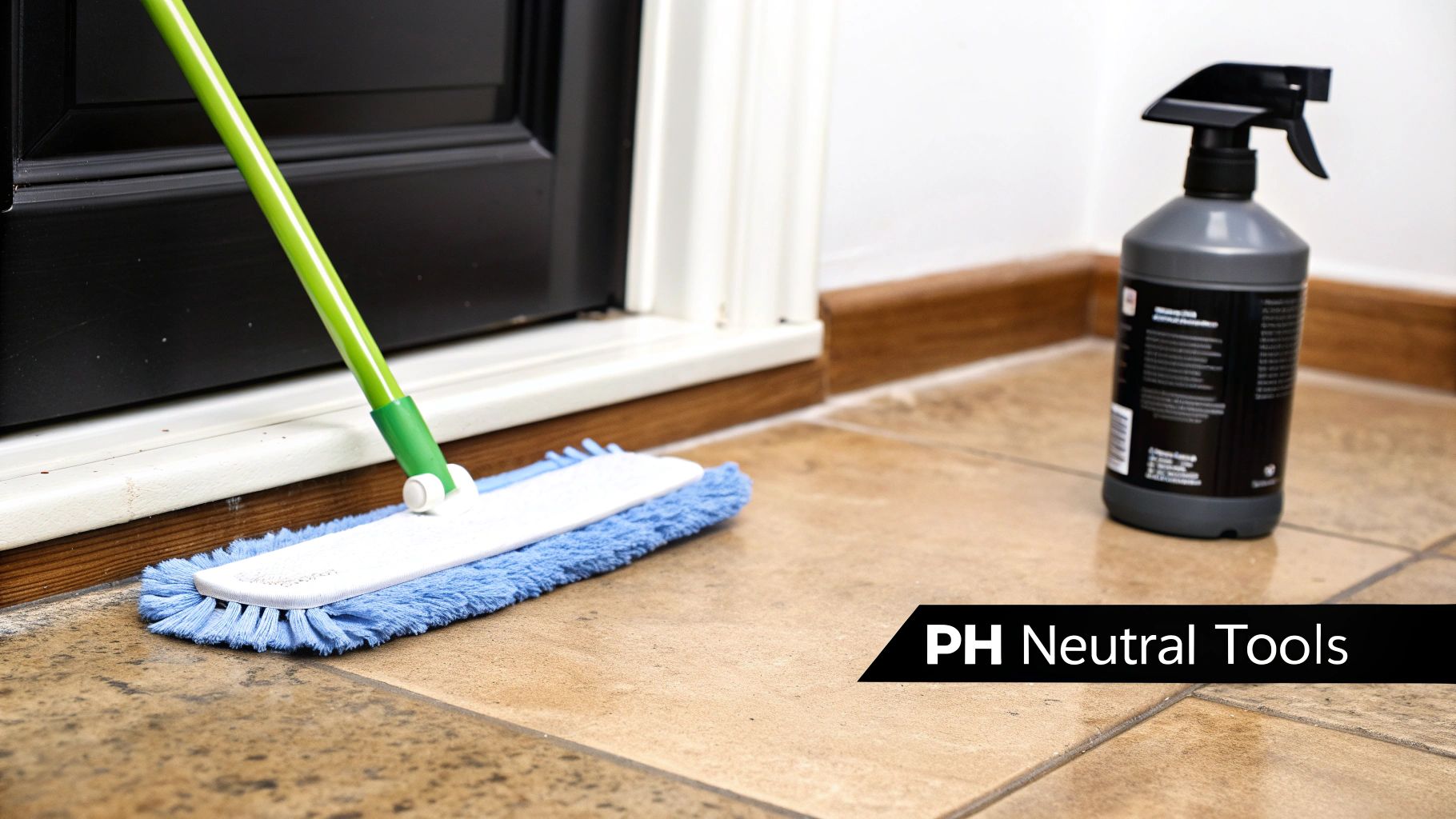 A person using a mop to clean a natural stone floor, with cleaning supplies nearby.