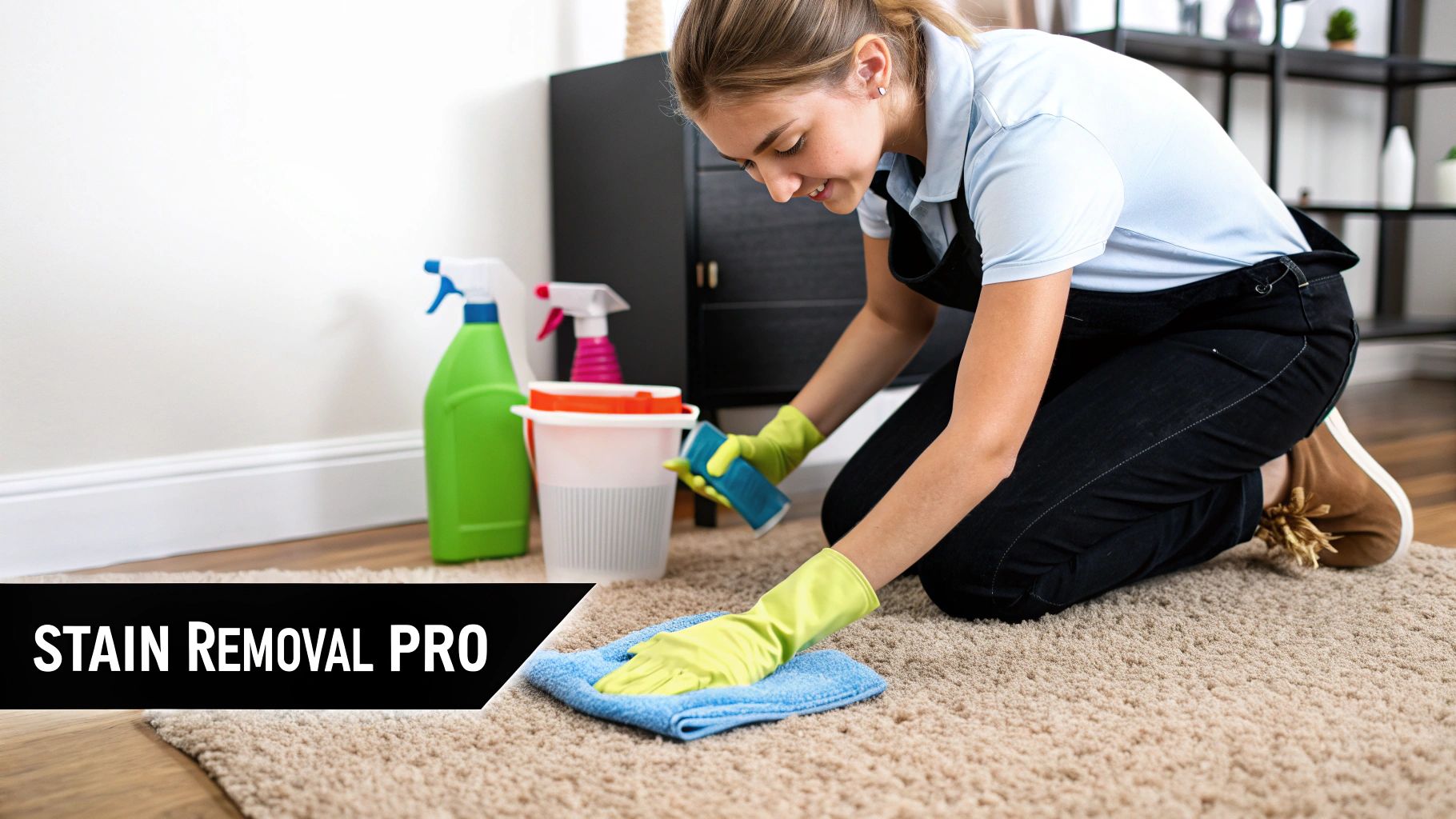 A person blotting a fresh pet stain on a carpet with a white cloth, acting quickly to clean it up.