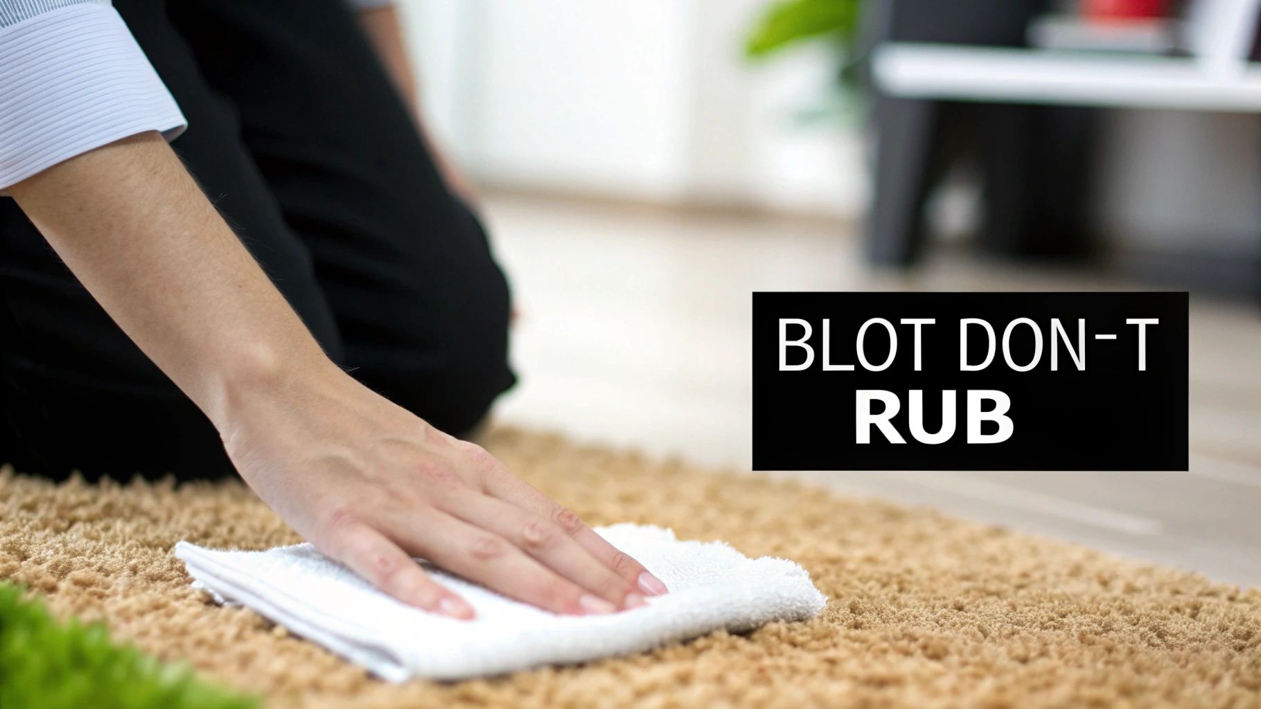 A person blotting a fresh spill on a light-colored carpet with a white cloth.